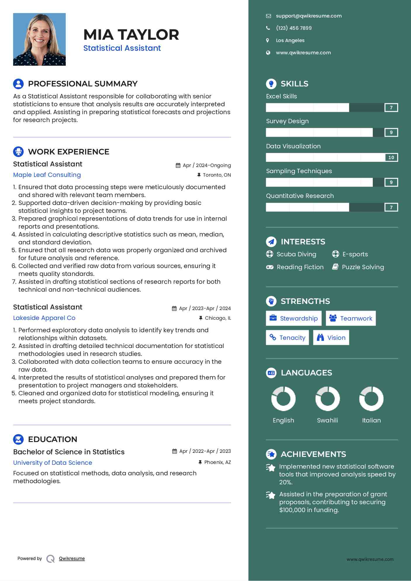 Statistical Assistant Resume Model