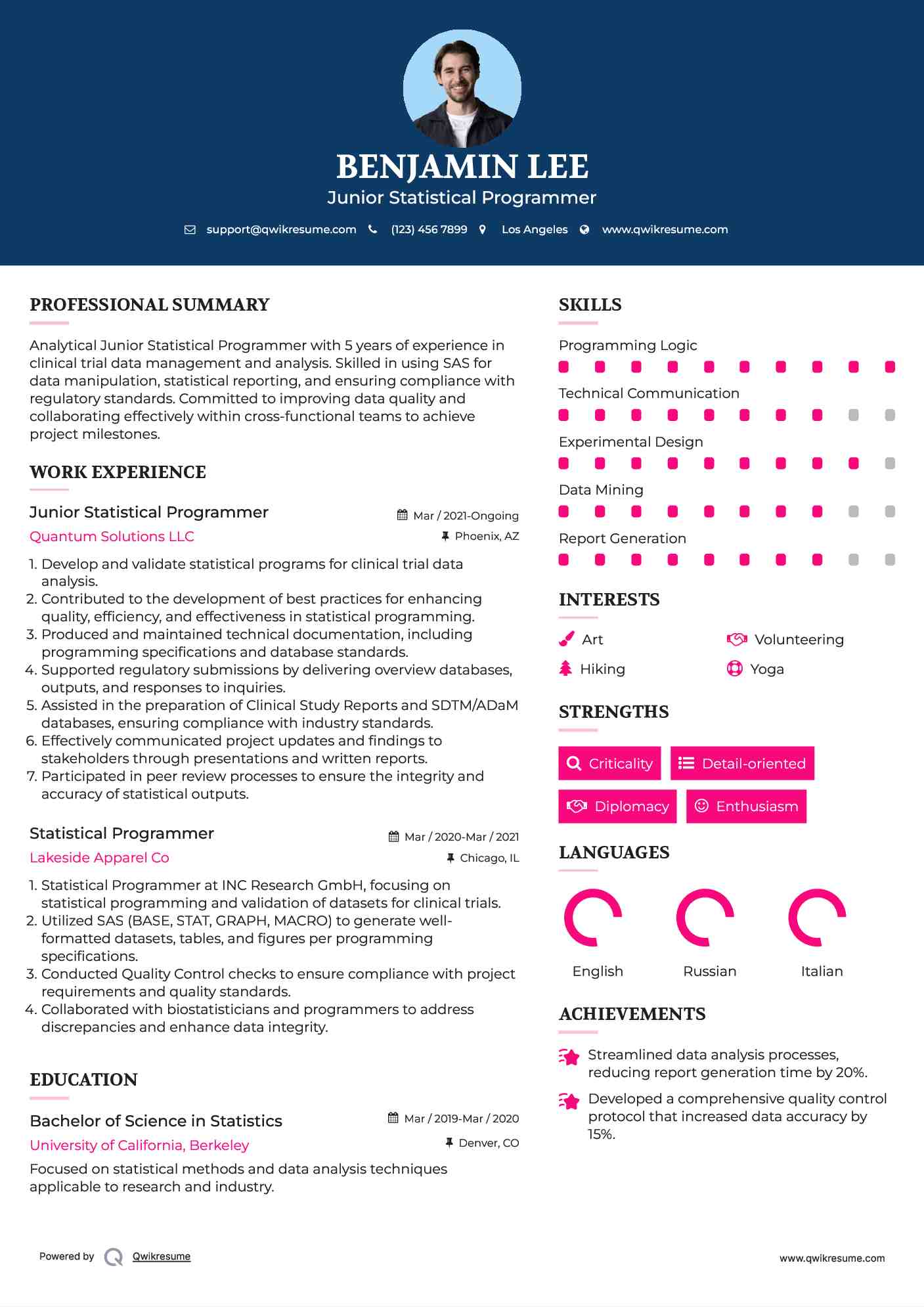 Junior Statistical Programmer Resume Format
