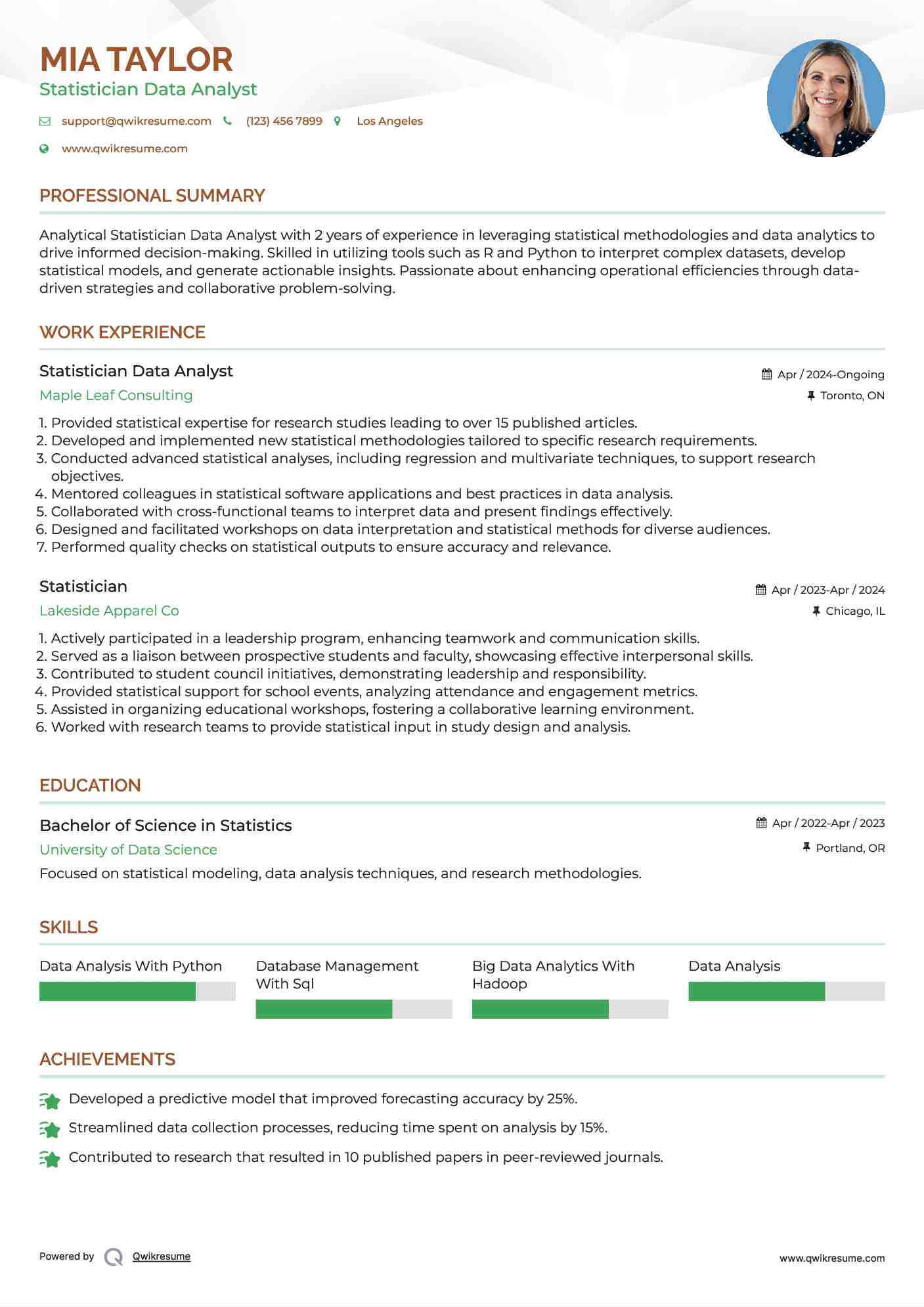 Statistician Data Analyst Resume Template
