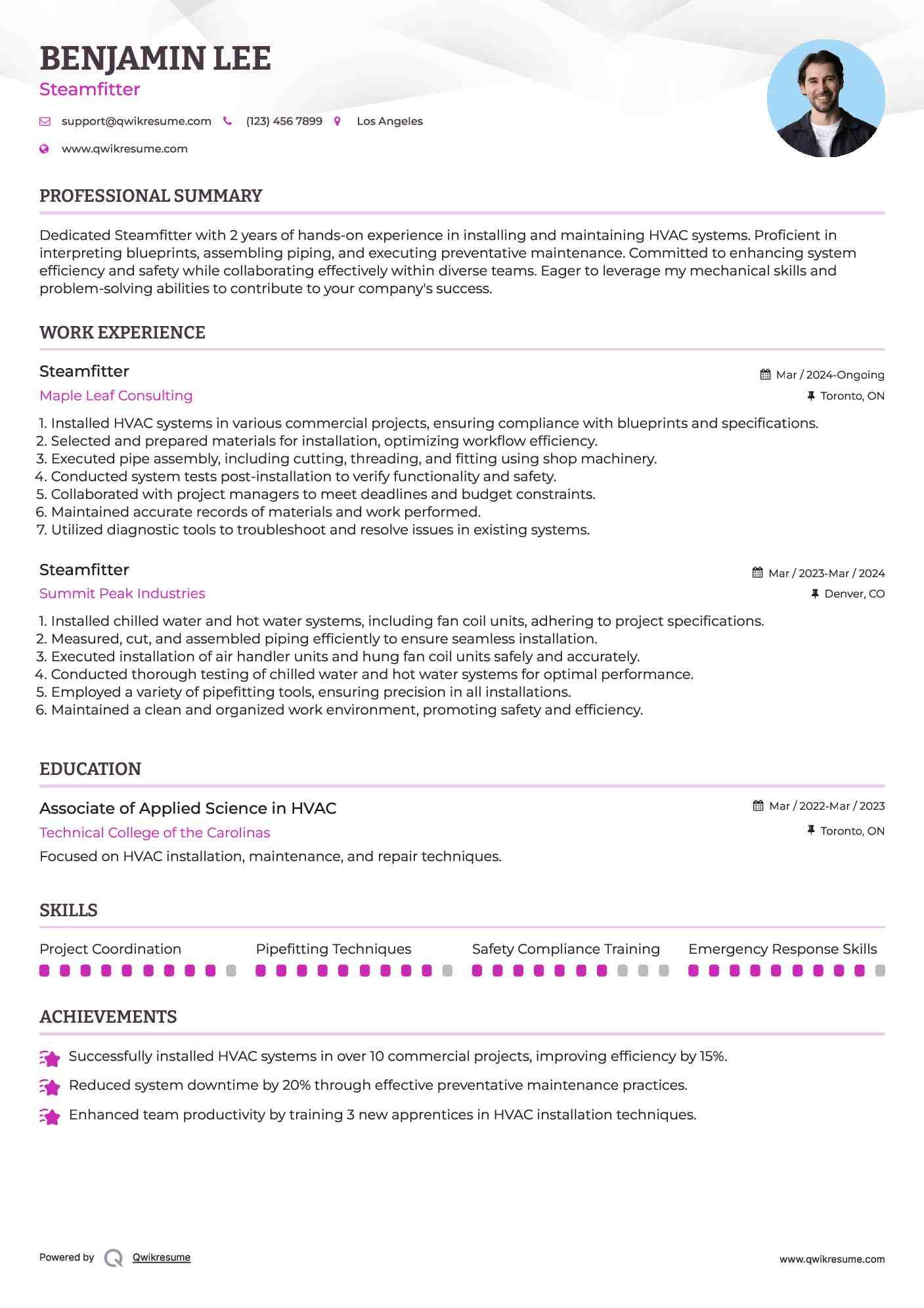 Steamfitter Resume Model