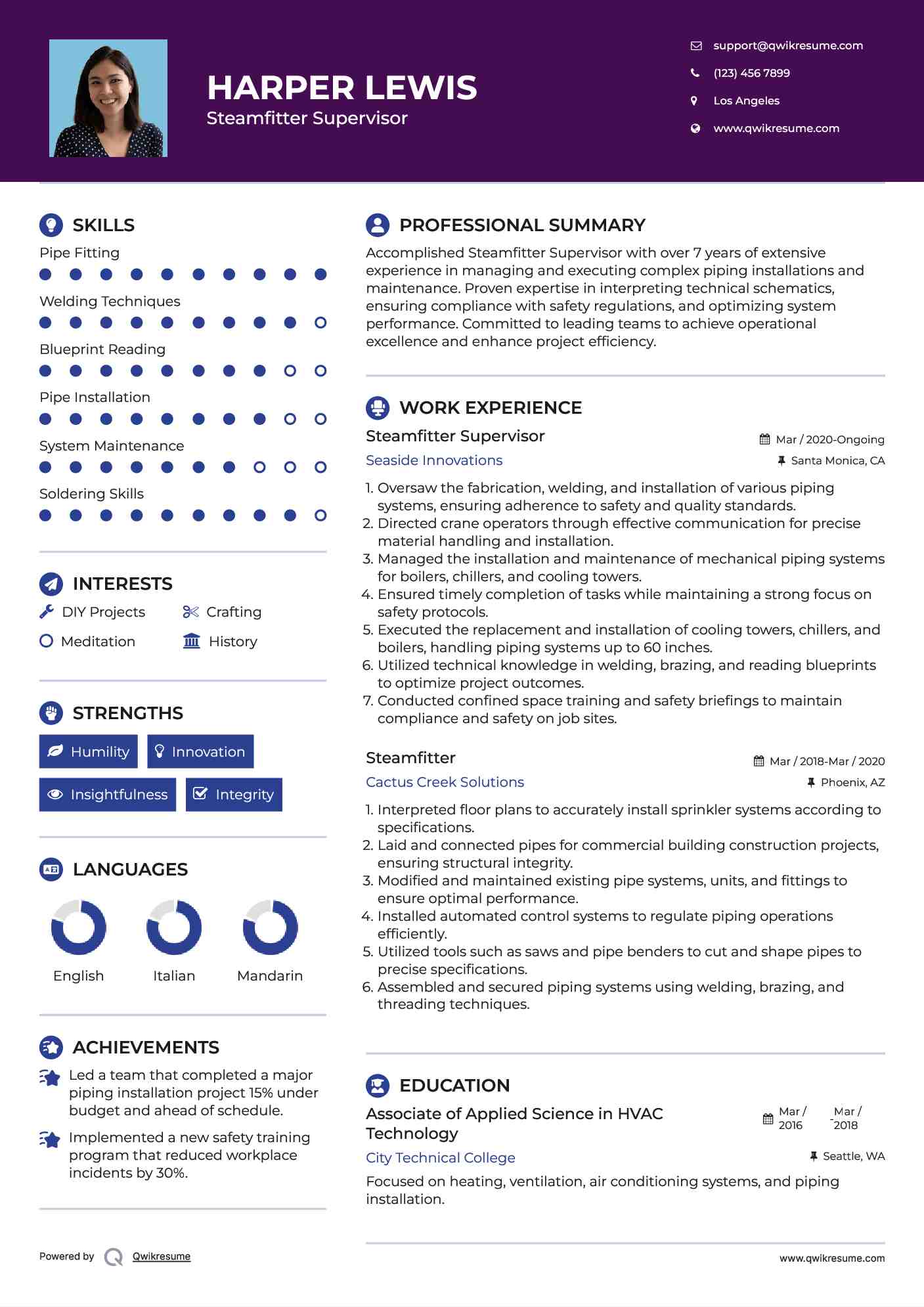 Steamfitter Supervisor Resume Model
