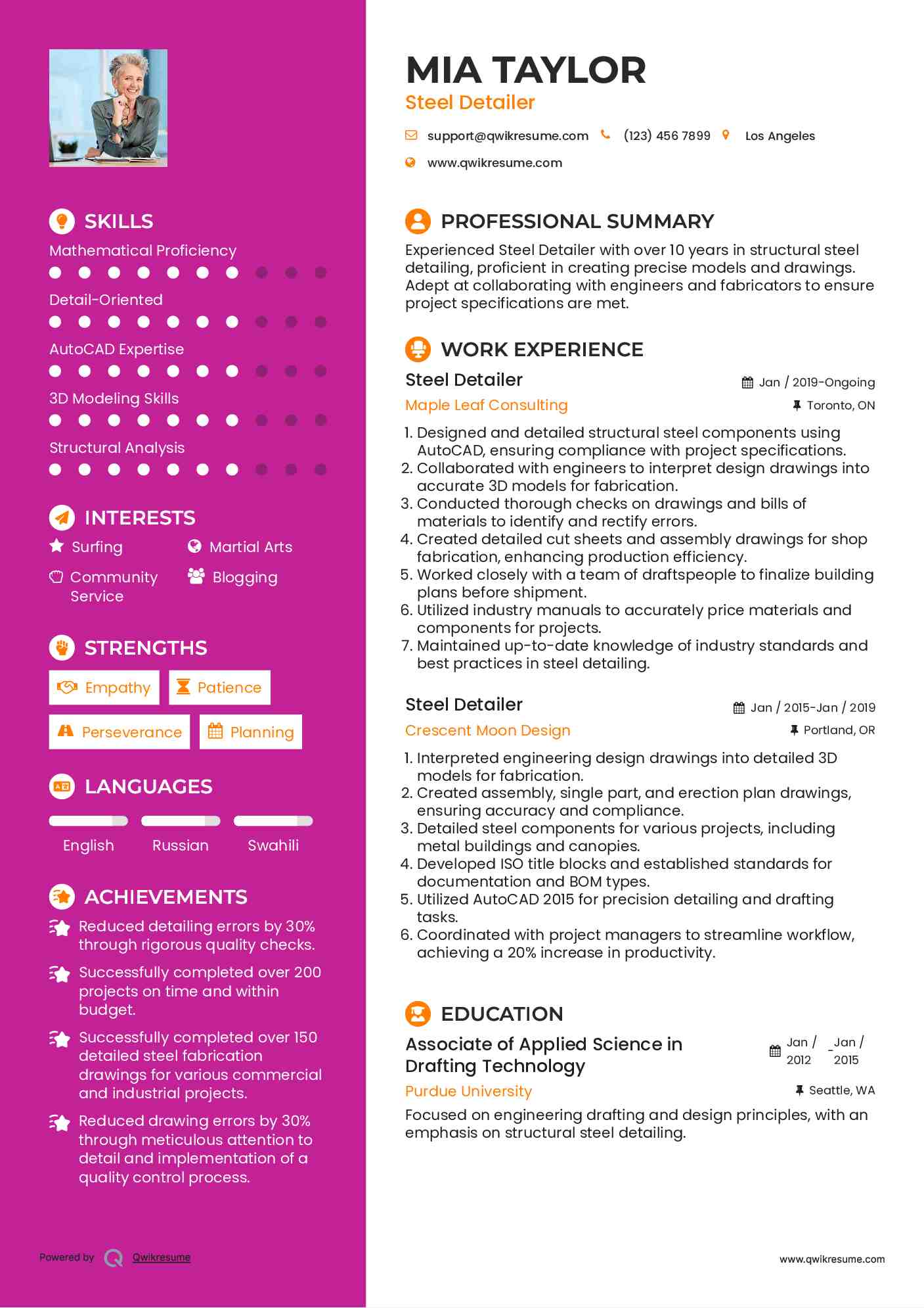 Steel Detailer Resume Example