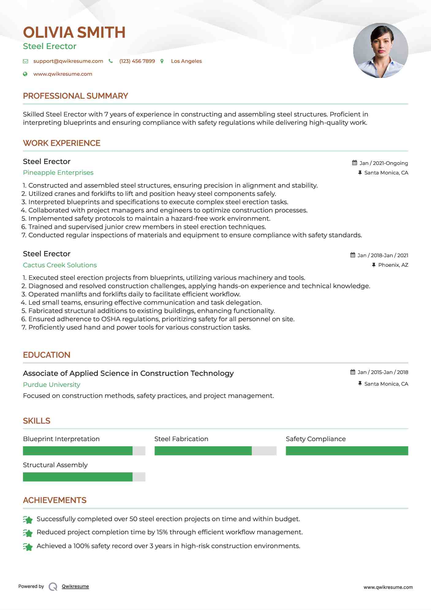 Steel Erector Resume Samples QwikResume