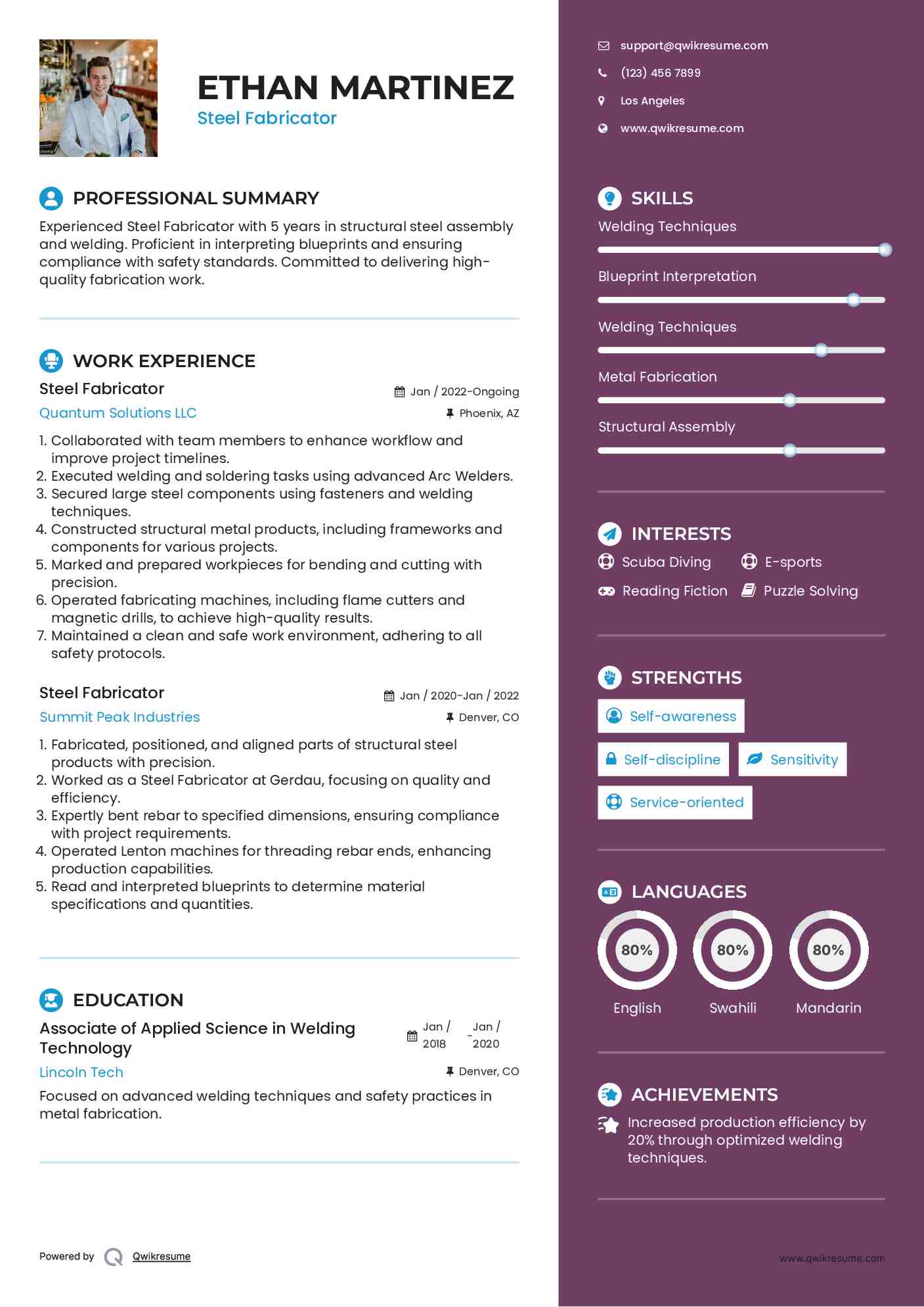 Steel Fabricator Resume Samples QwikResume