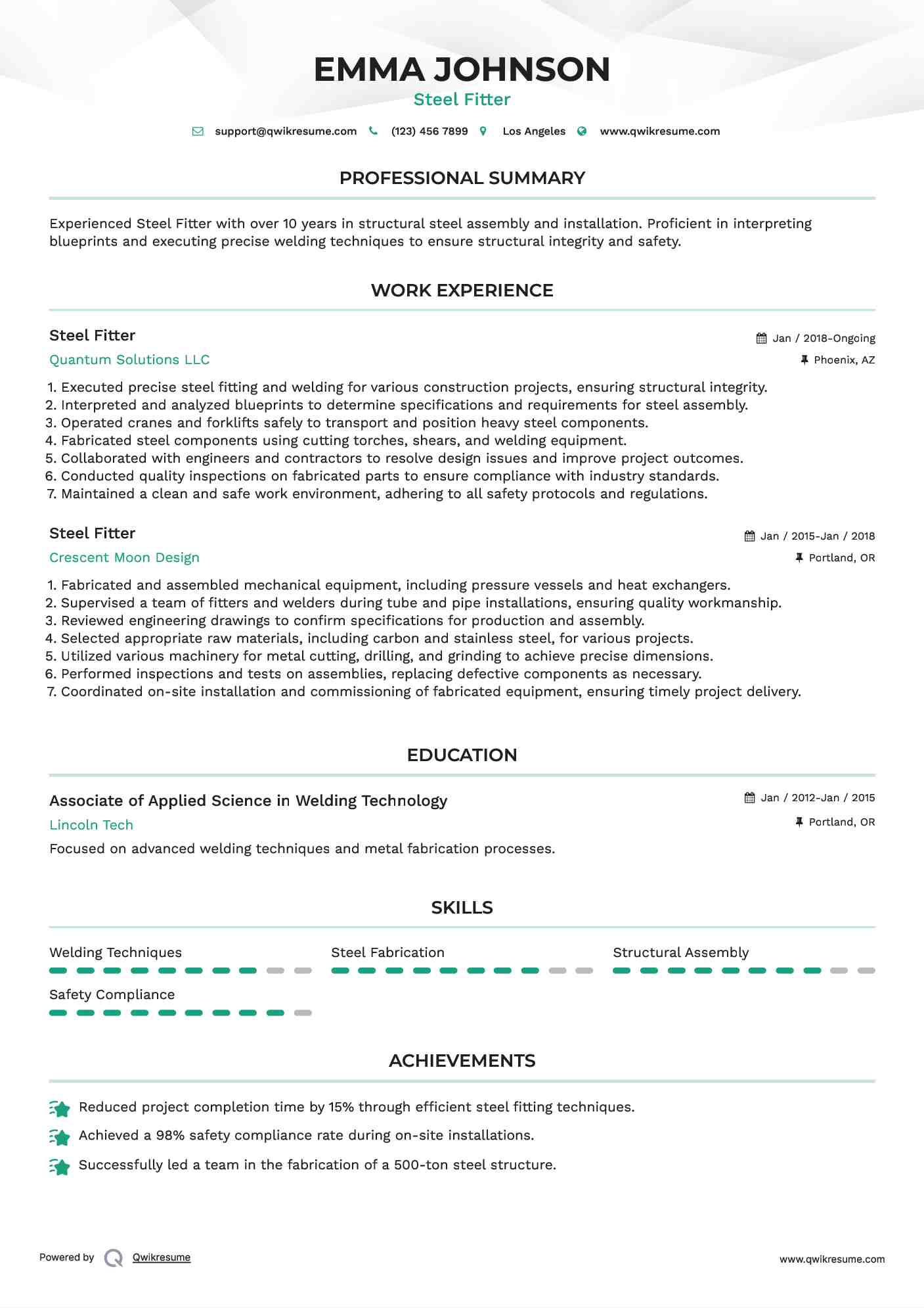 Steel Fitter Resume Example