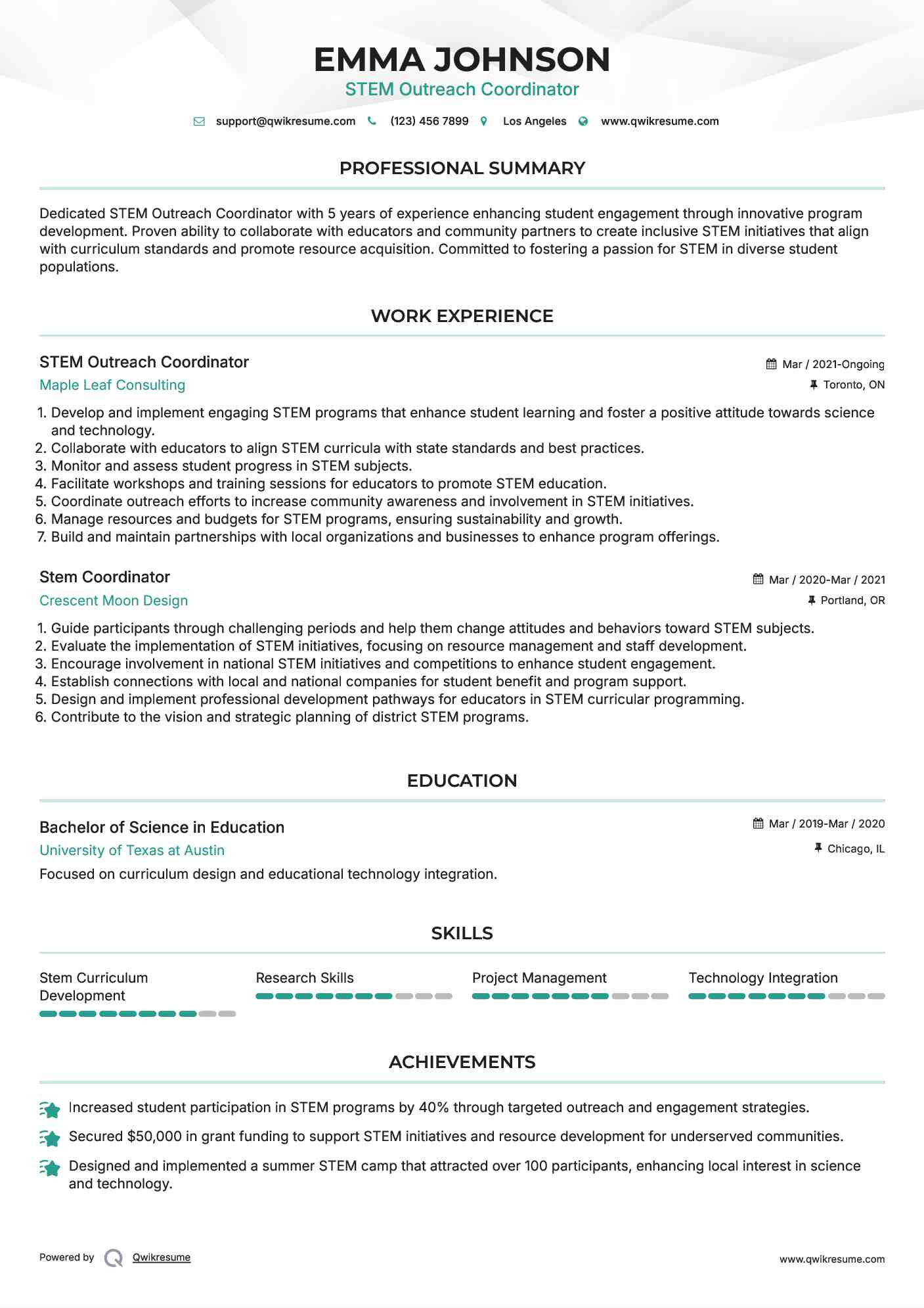 STEM Outreach Coordinator Resume Format