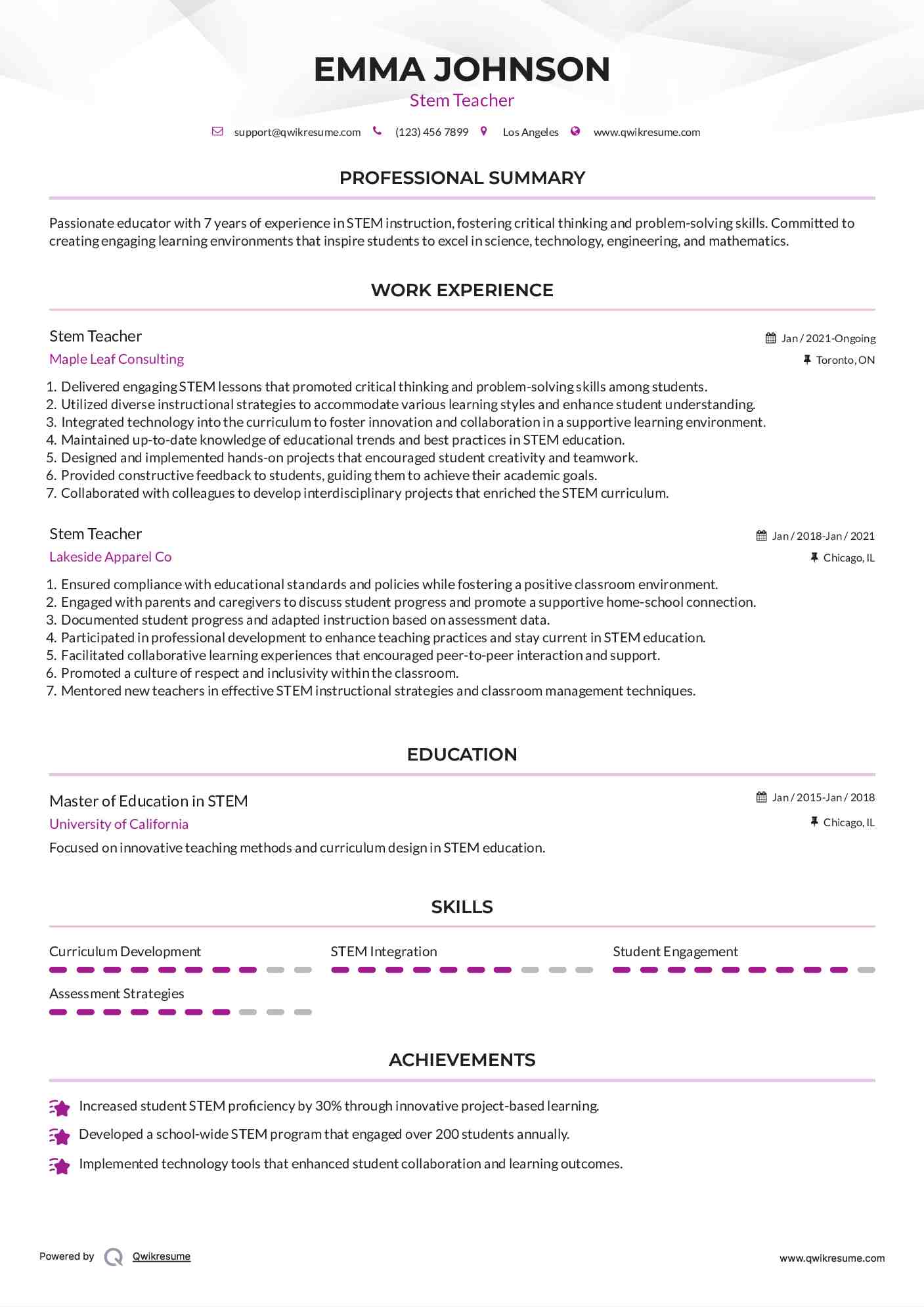 Stem Teacher Resume Sample