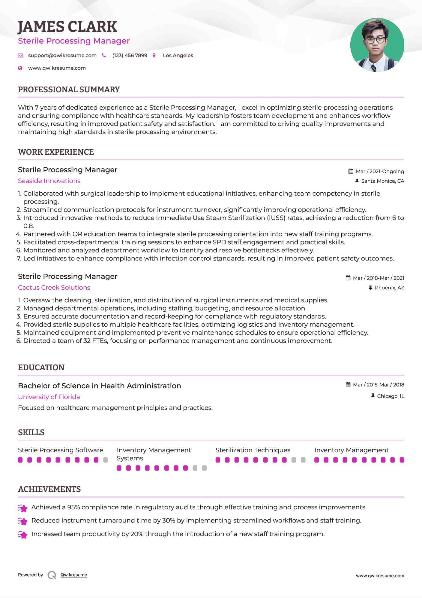 Sterile Processing Manager Resume Sample