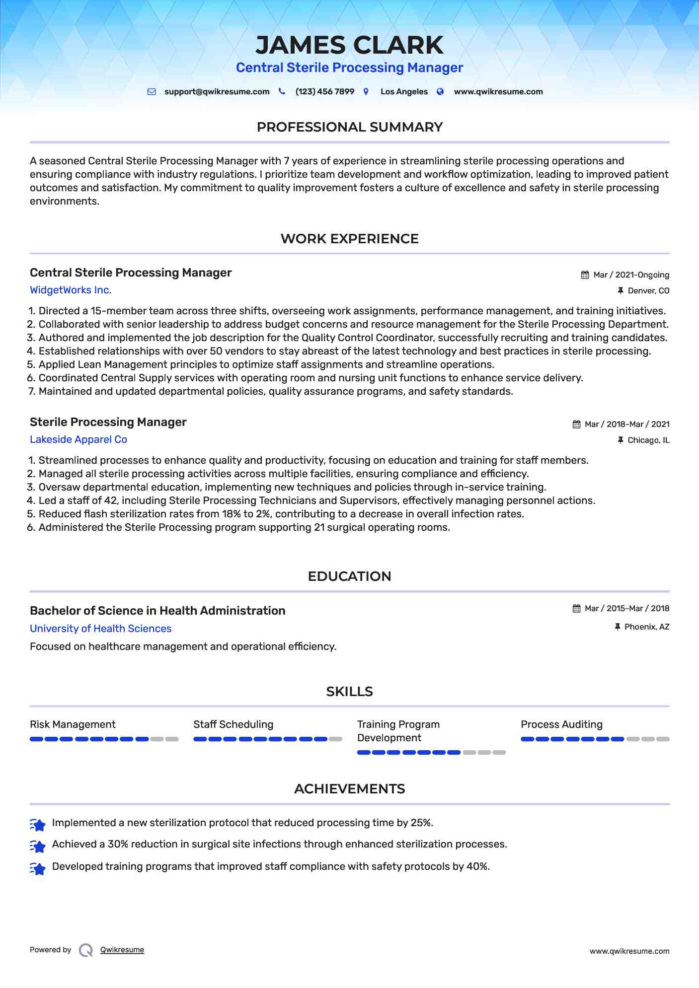 Central Sterile Processing Manager
 Resume Format