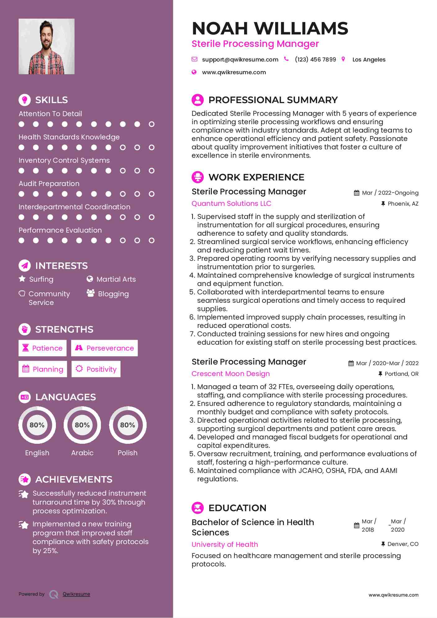 Sterile Processing Manager Resume Template