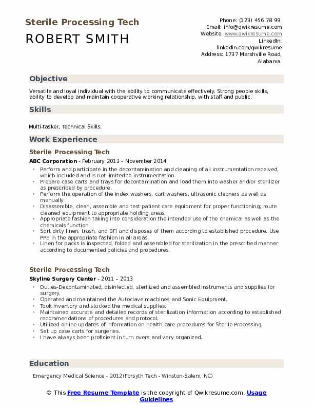 Sterile Processing Tech Resume Samples QwikResume