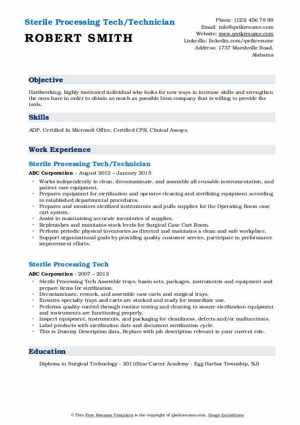 Sterile Processing Tech Resume Samples QwikResume