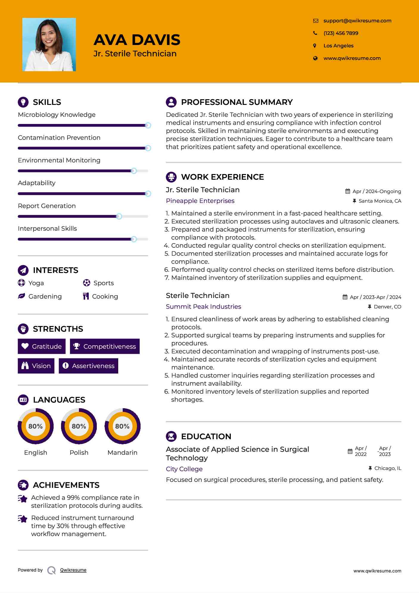 Jr. Sterile Technician Resume Sample