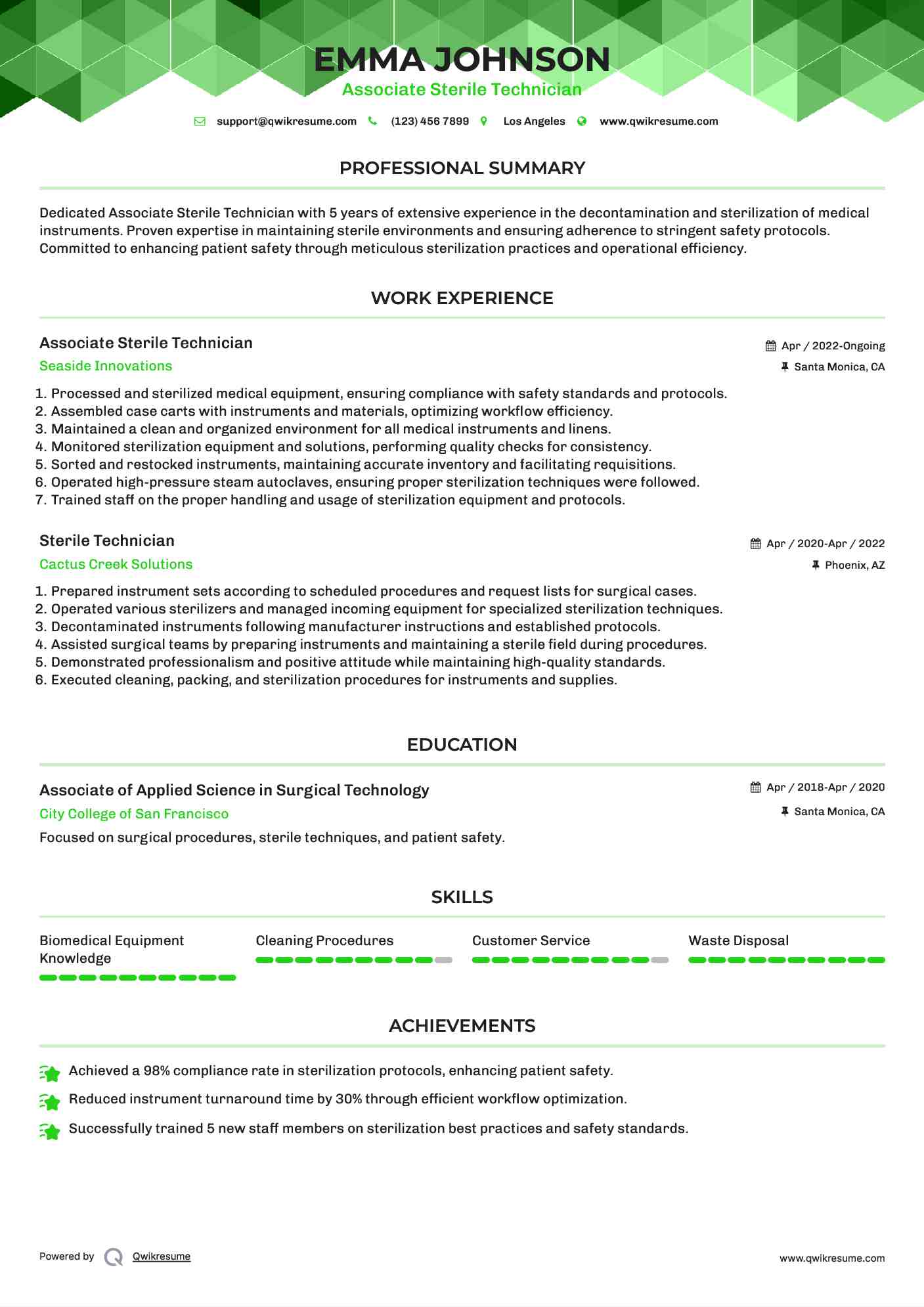 Associate Sterile Technician Resume Model