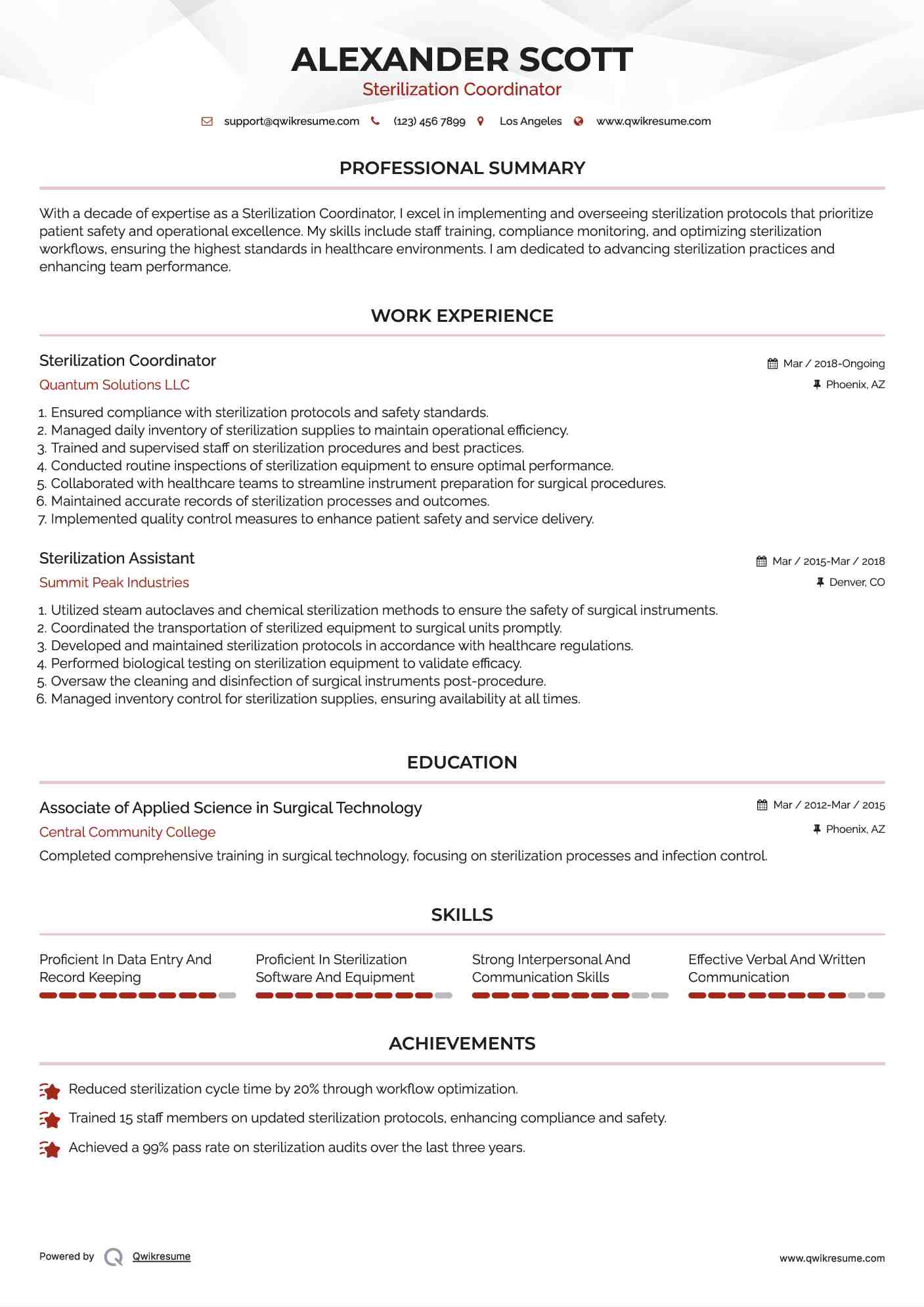 Sterilization Coordinator Resume Model
