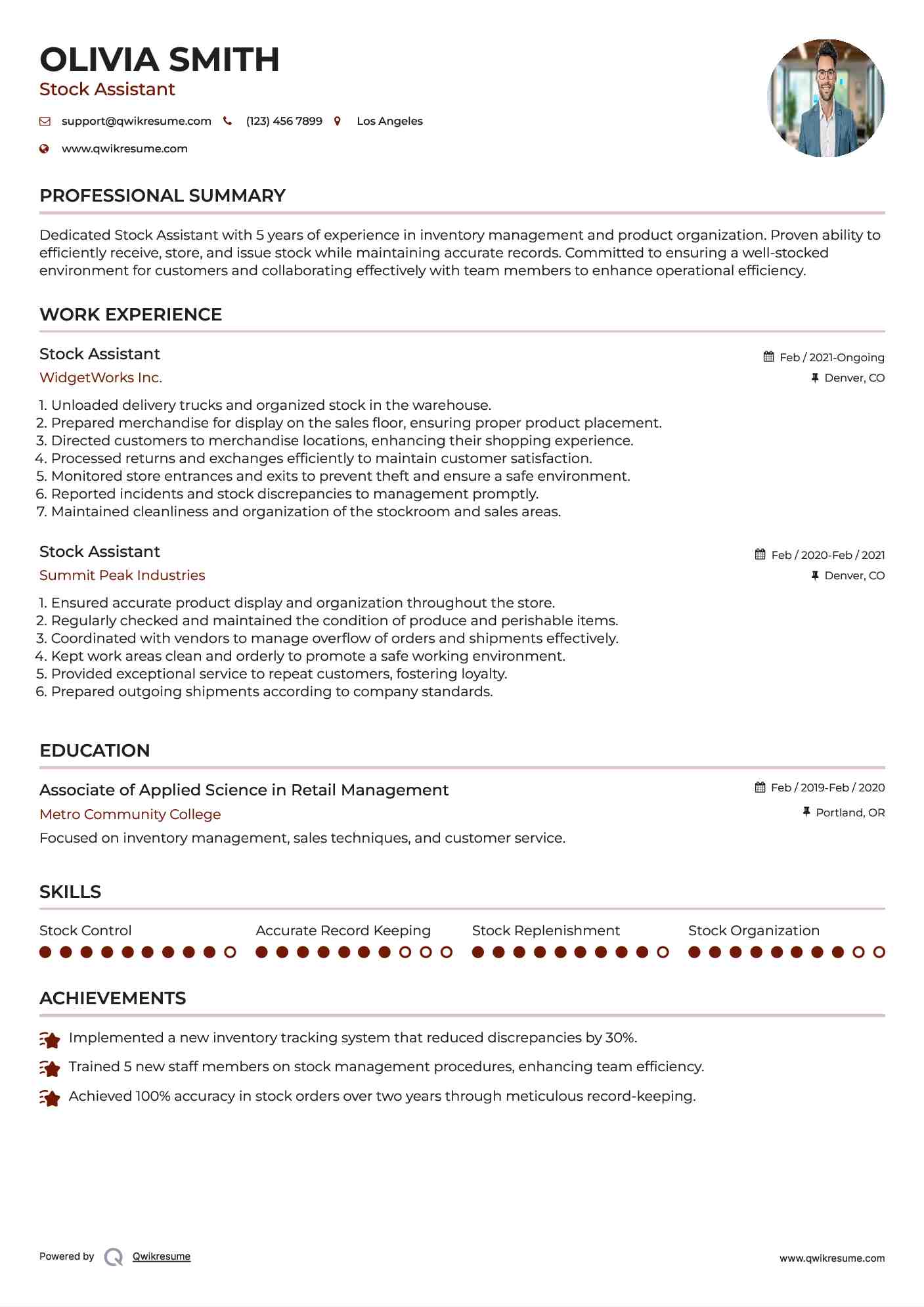 Stock Assistant Resume Sample