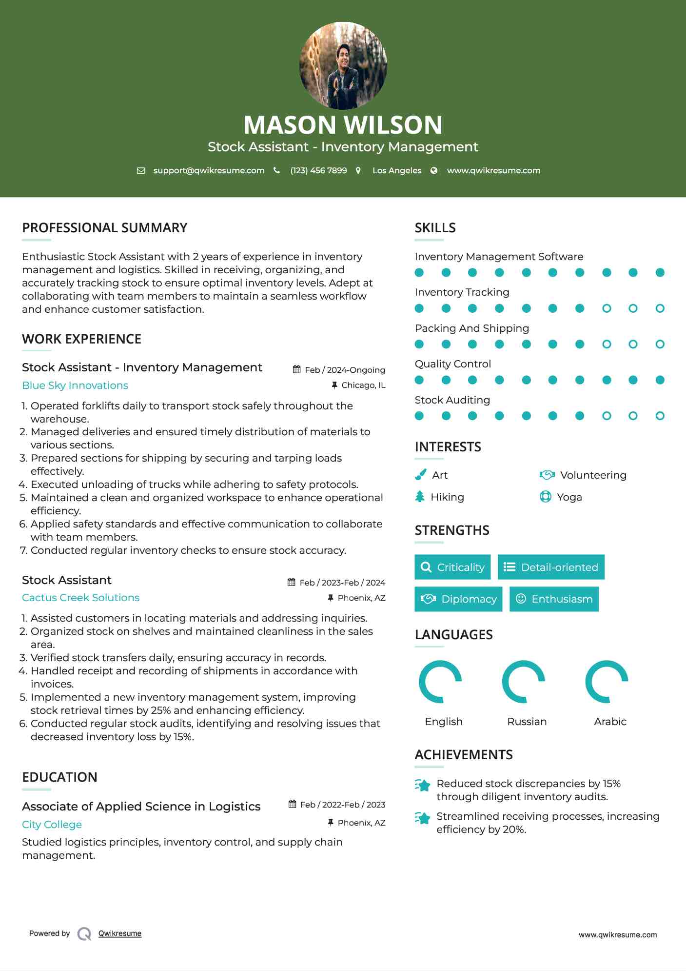 Stock Assistant - Inventory Management Resume Example