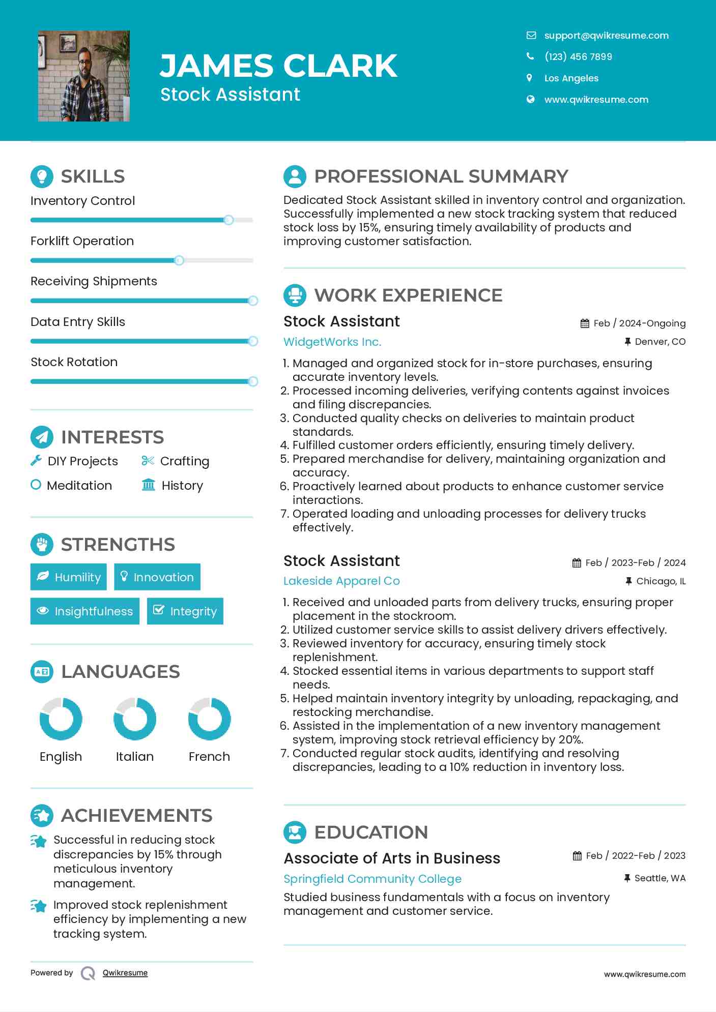 Stock Assistant  Resume Sample