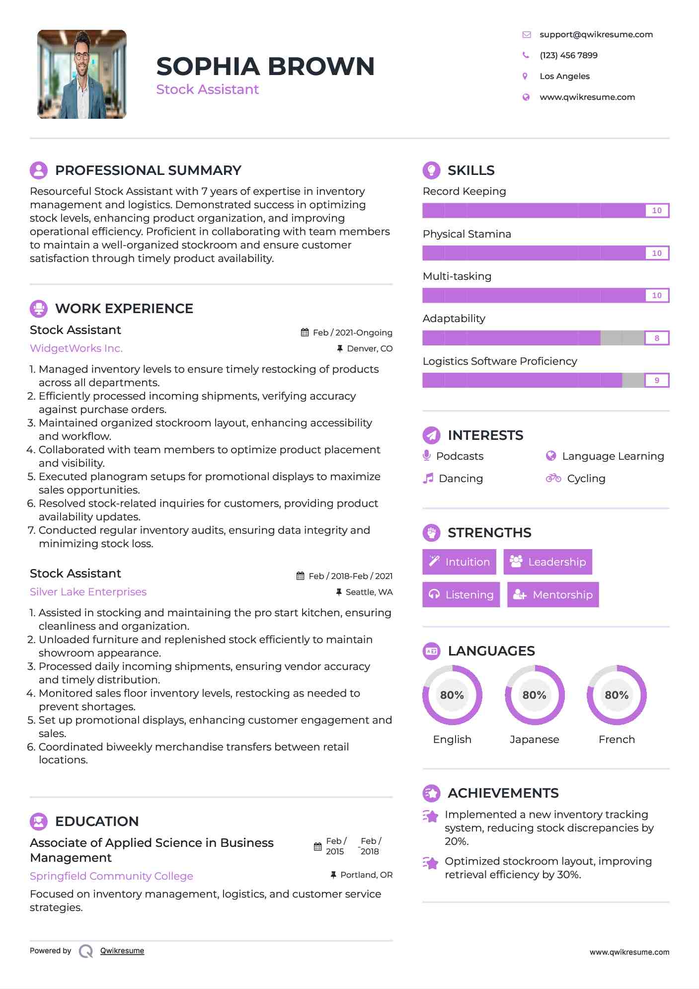 Stock Assistant Resume Example