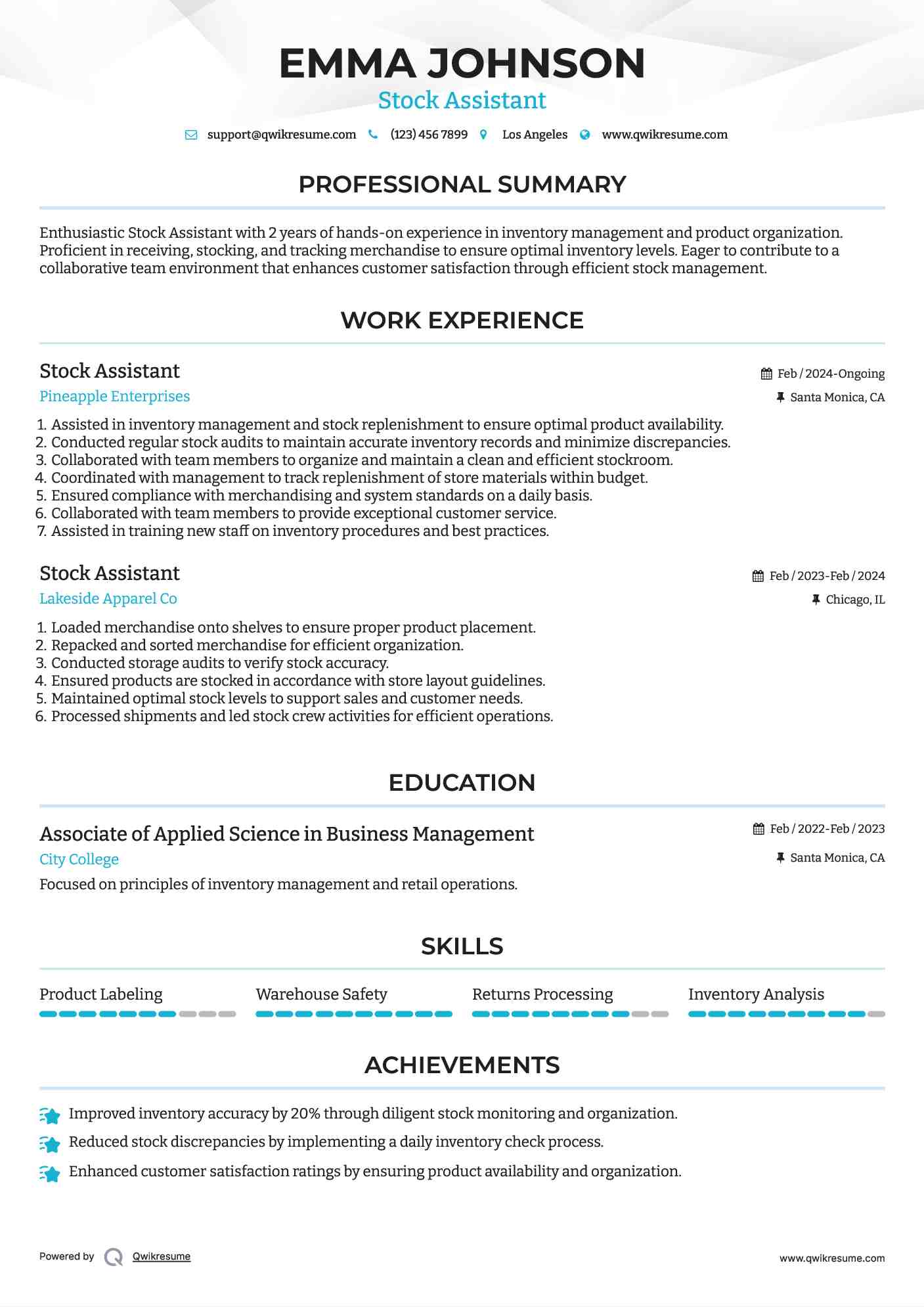 Stock Assistant Resume Template