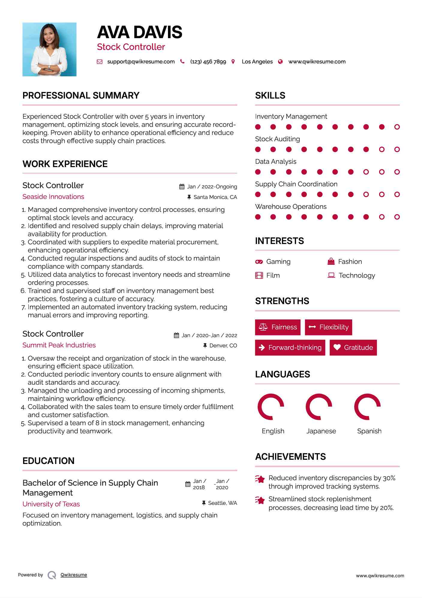 Stock Controller Resume Sample