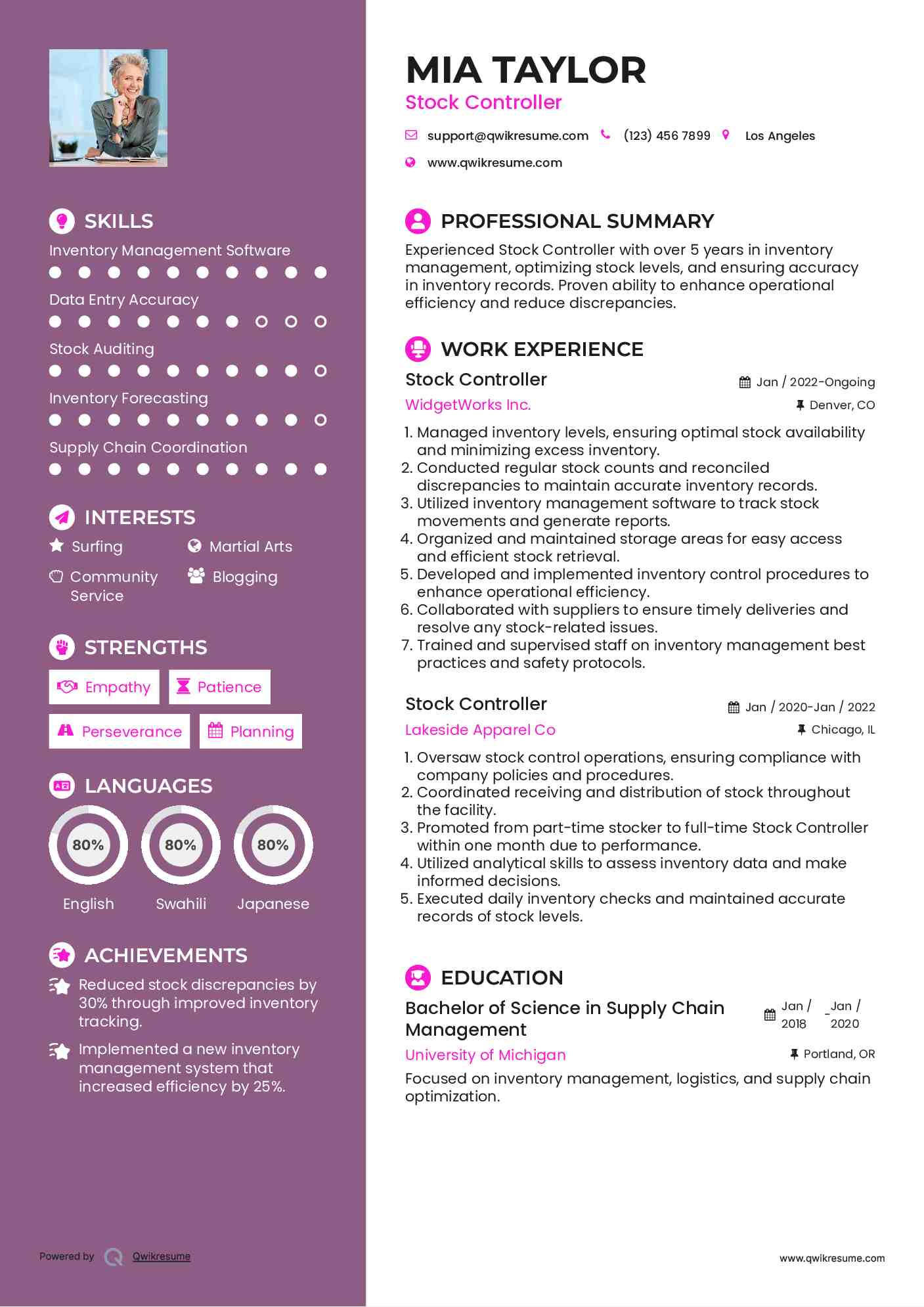 Stock Controller Resume Format