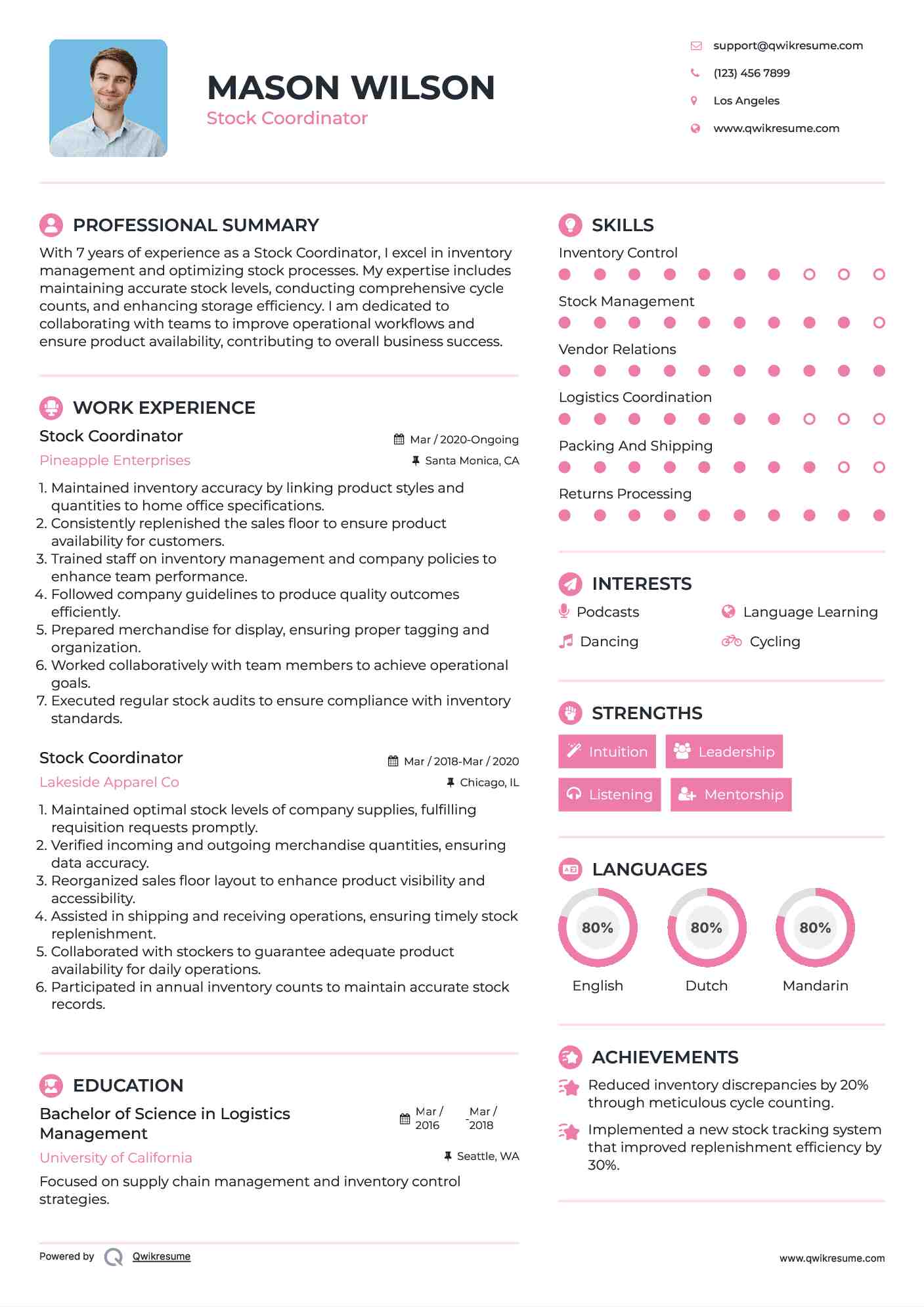 Stock Coordinator Resume Format