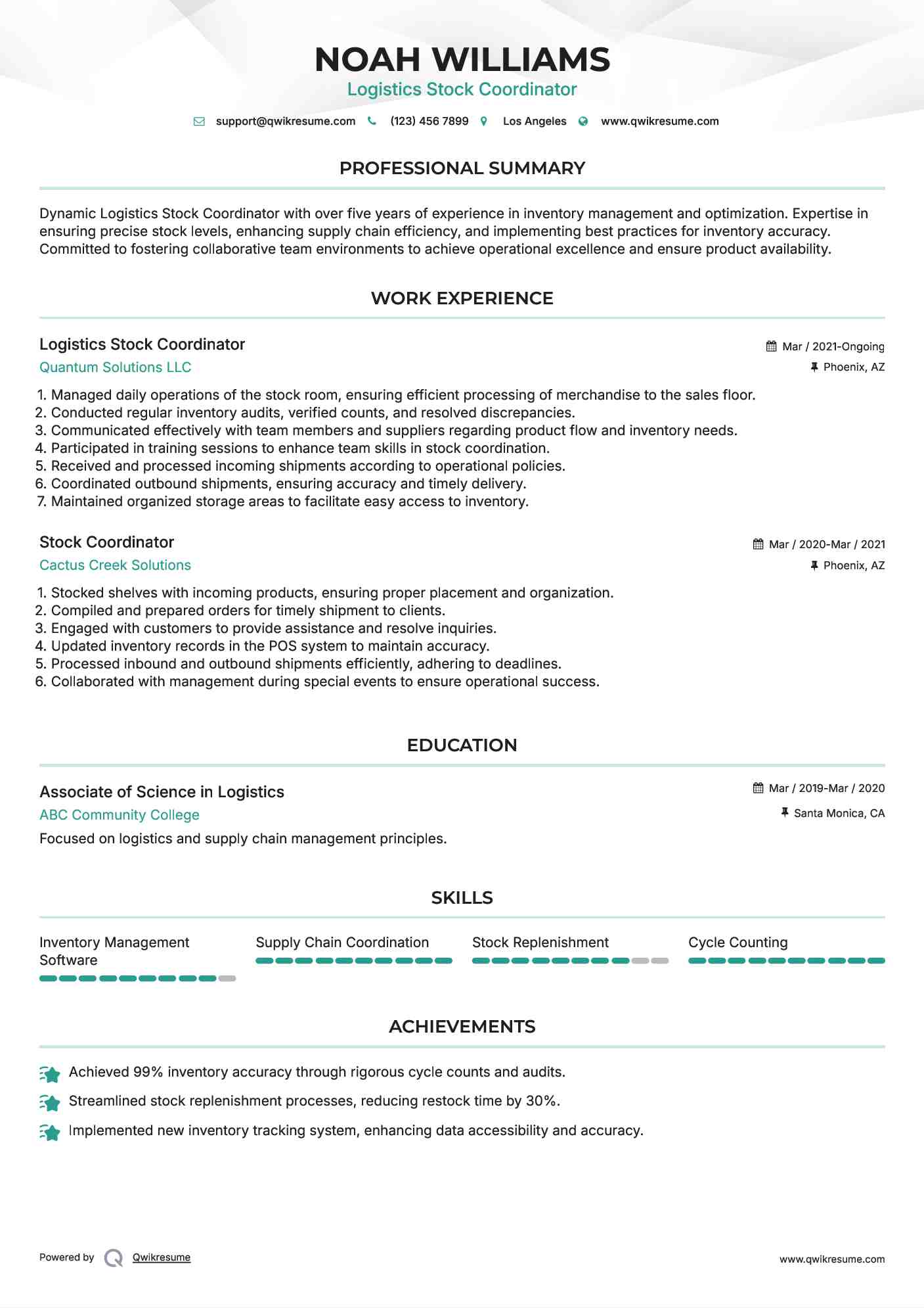 Logistics Stock Coordinator Resume Example