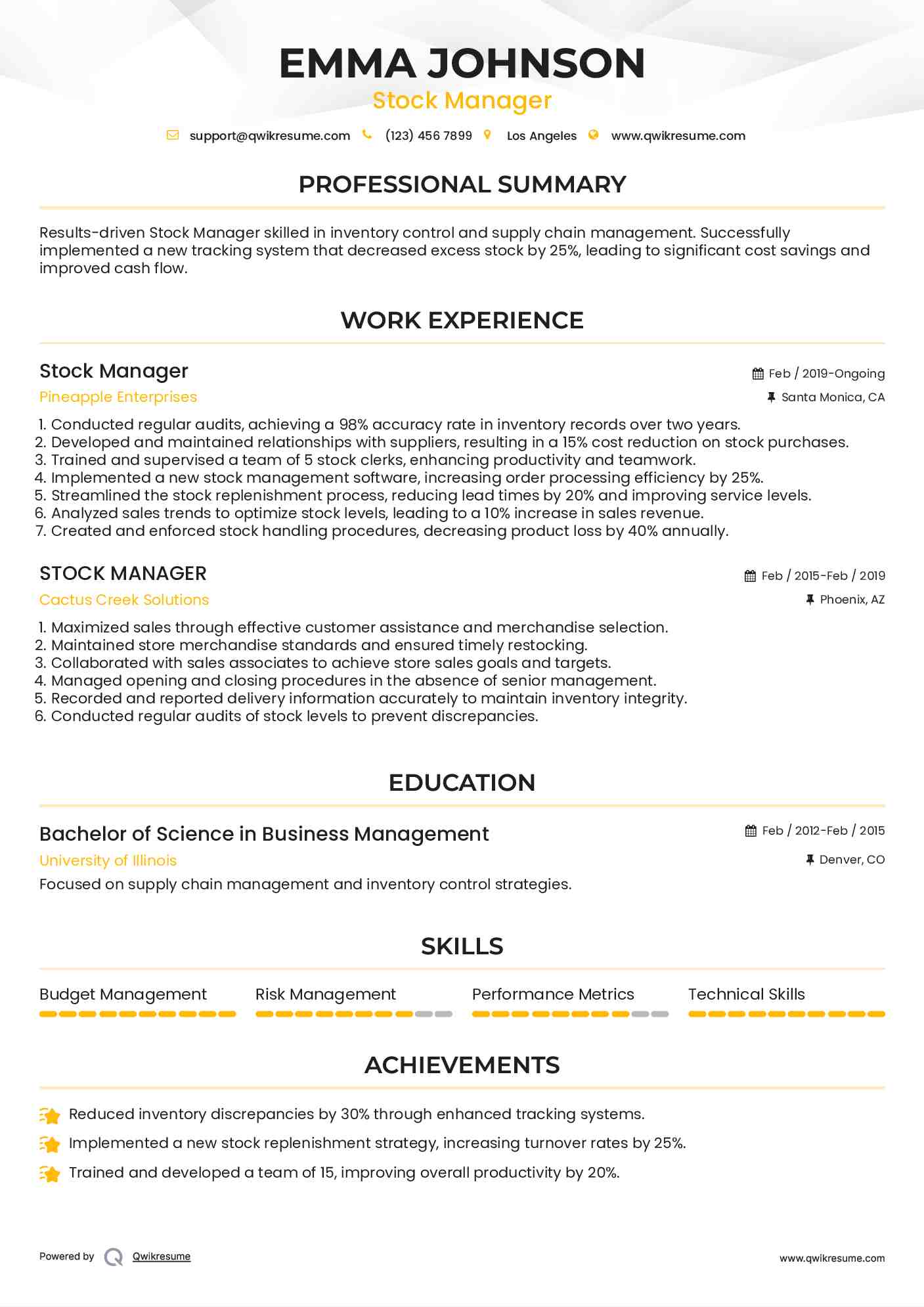 Stock Manager Resume Template