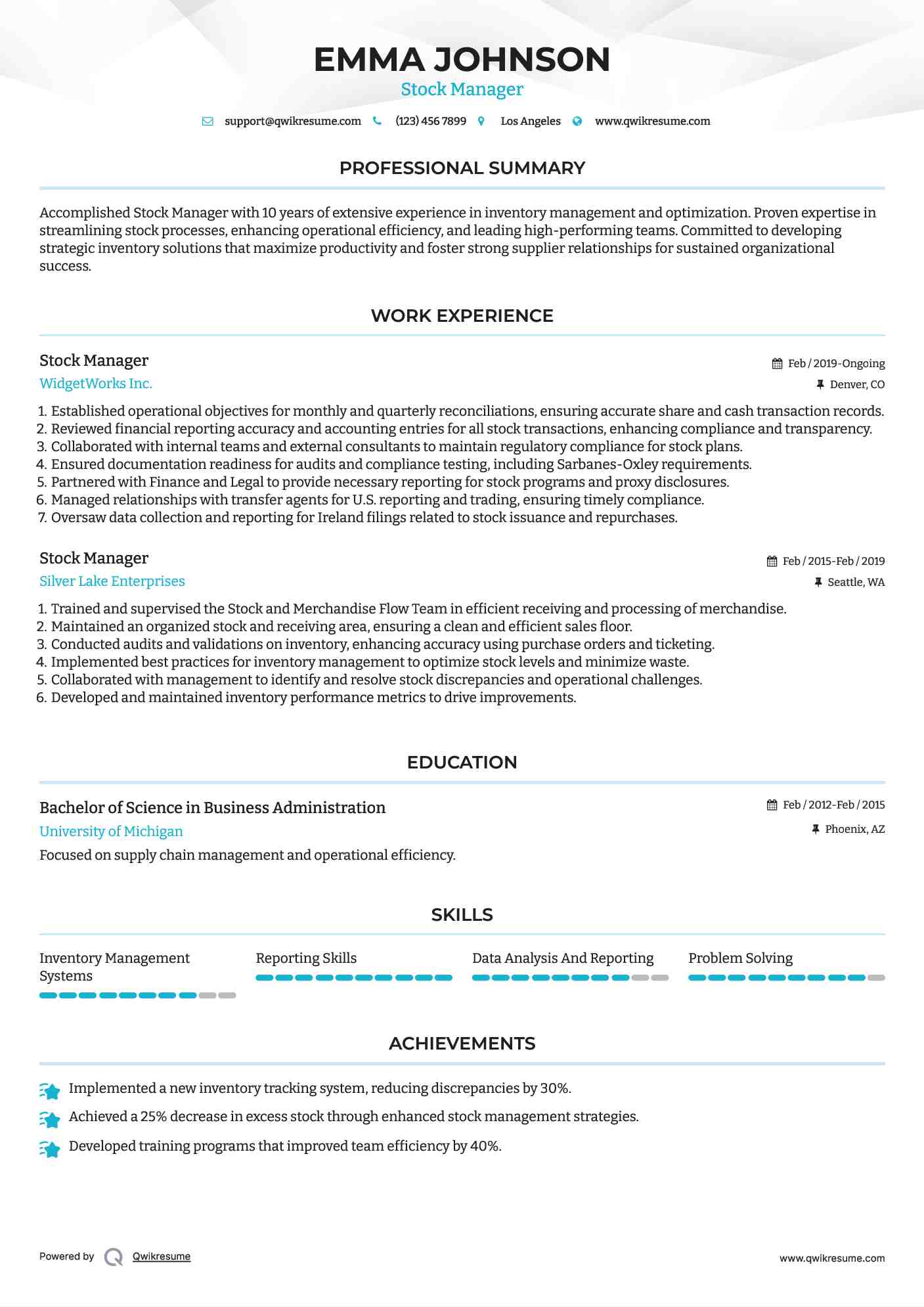 Stock Manager Resume Sample