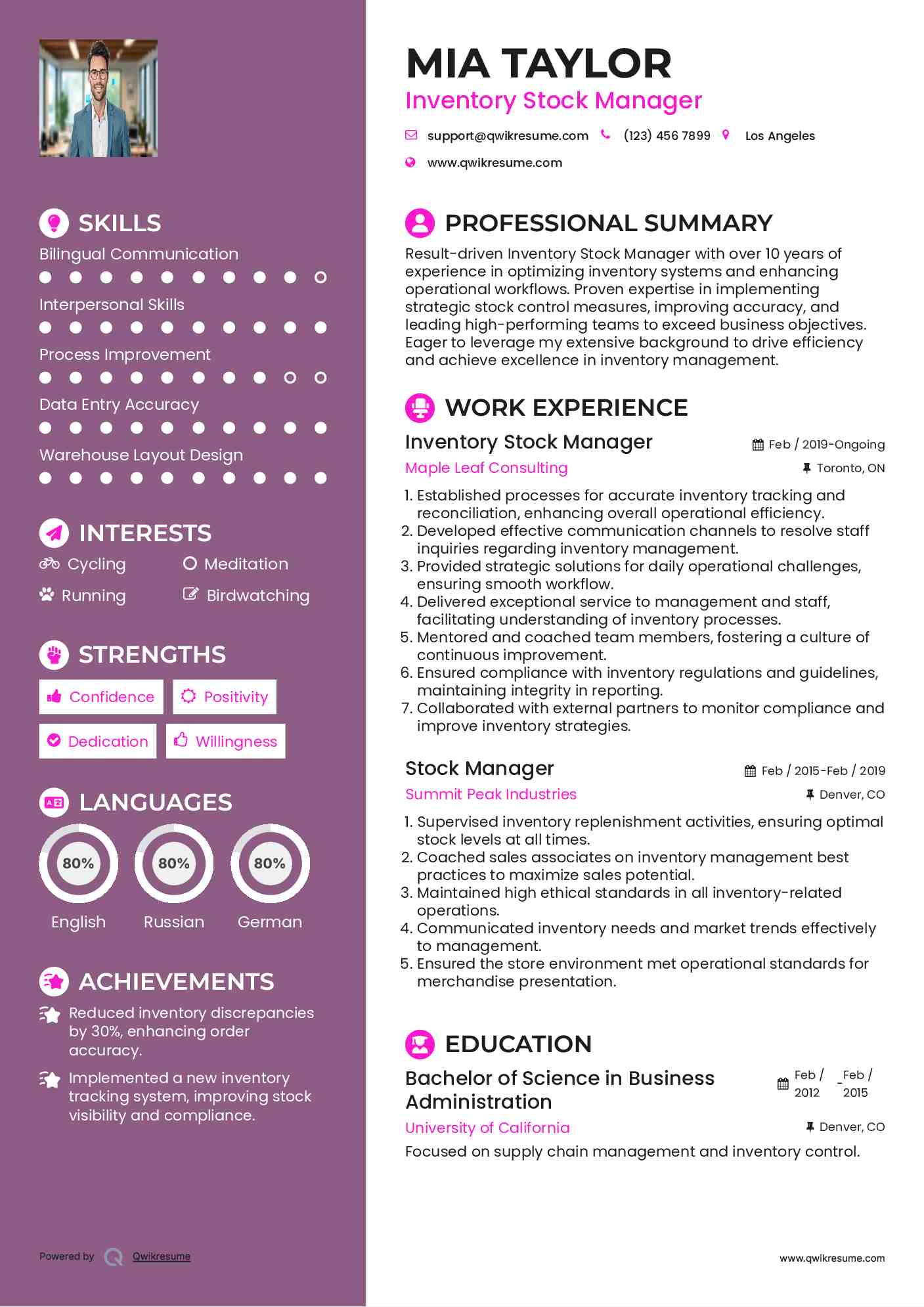 Inventory Stock Manager Resume Example