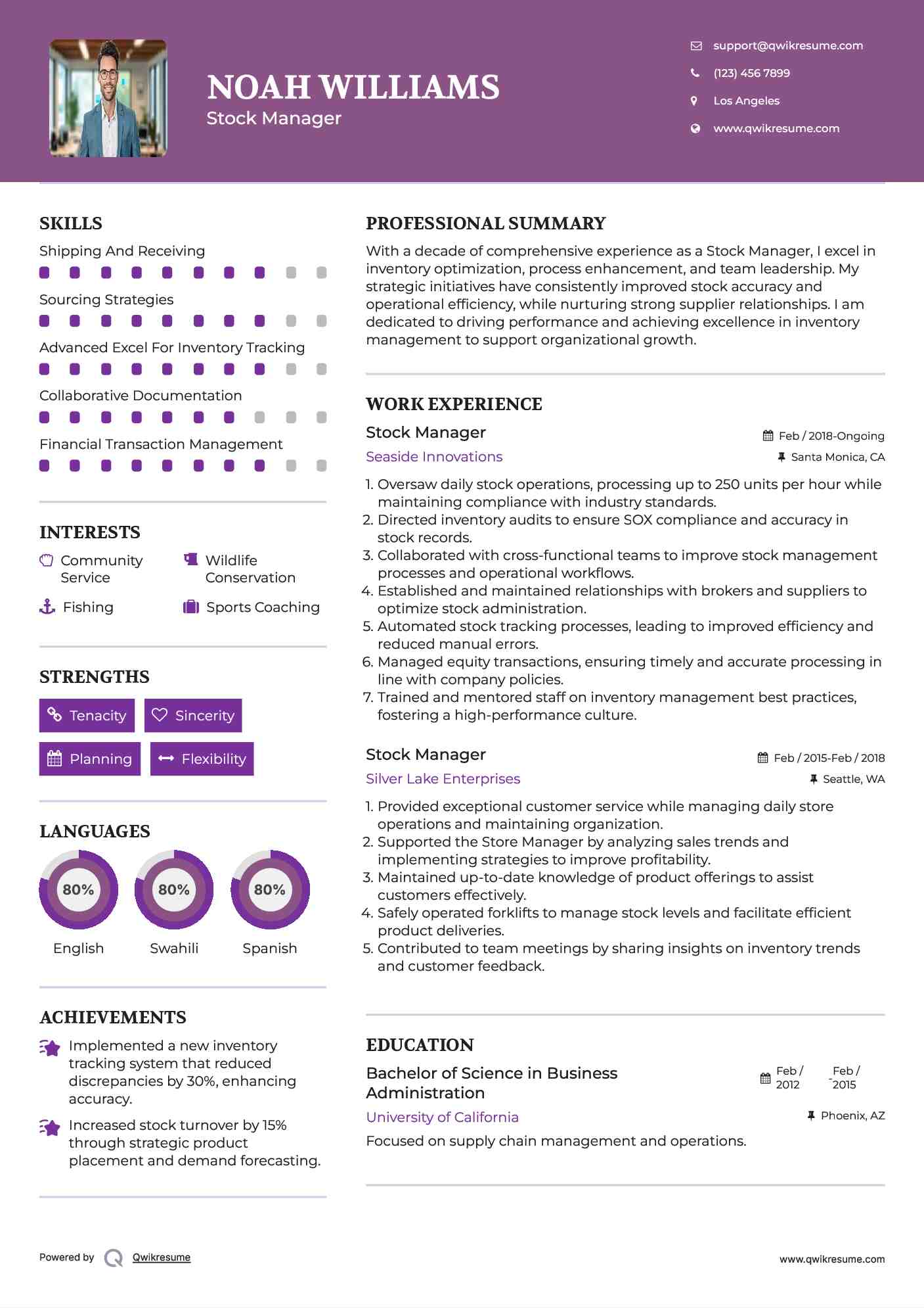 Stock Manager Resume Model