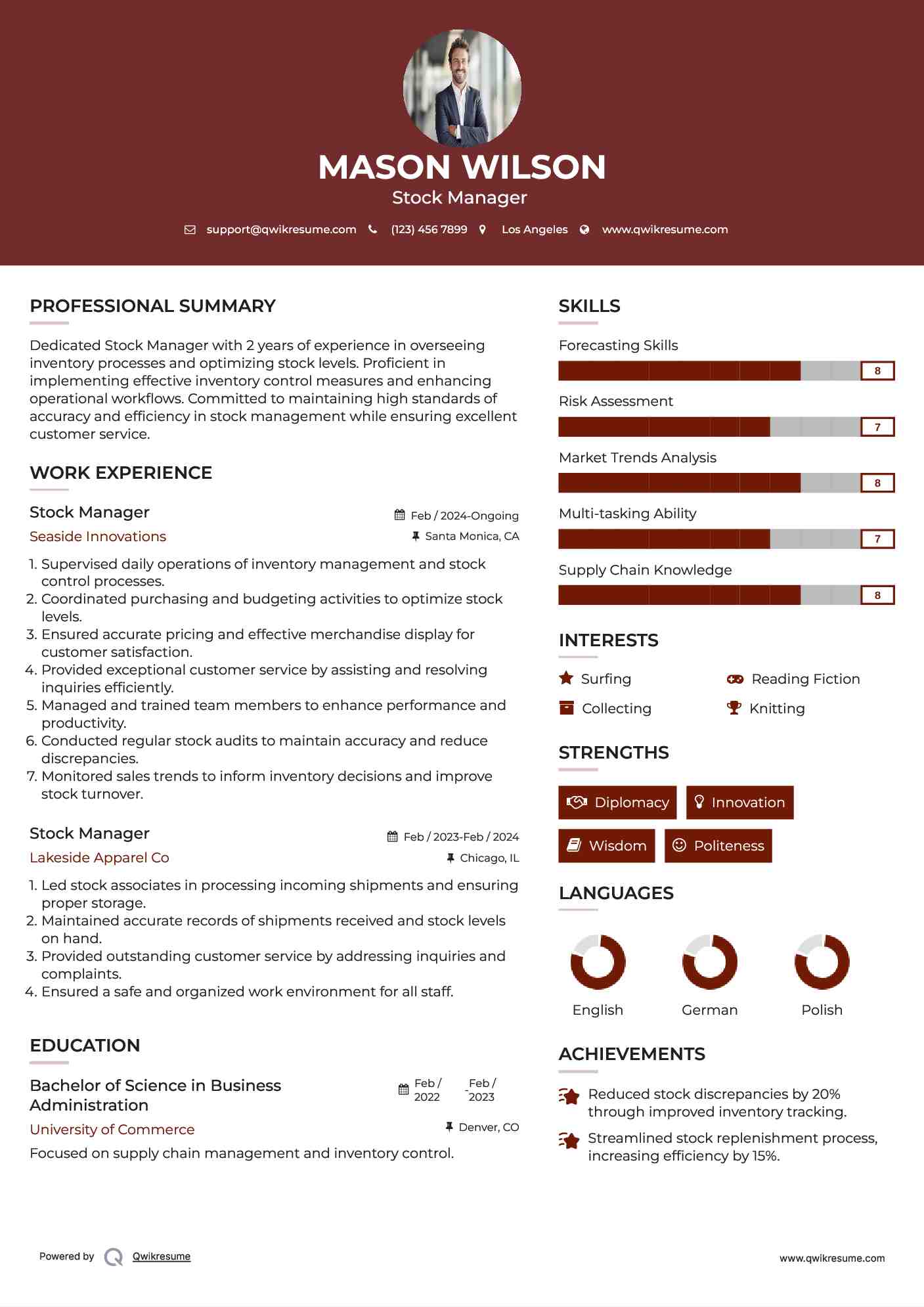 Stock Manager  Resume Format