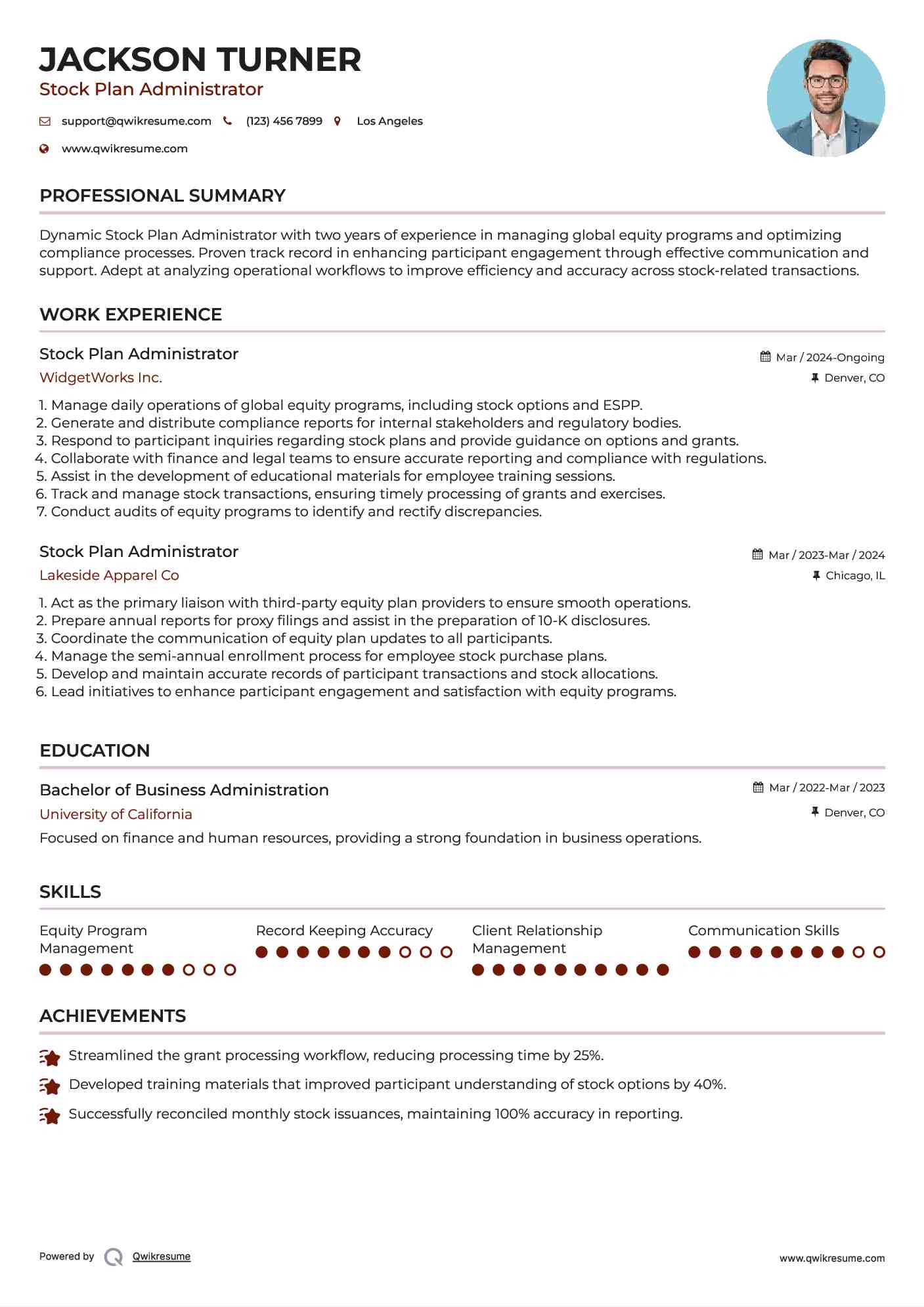 Stock Plan Administrator Resume Model