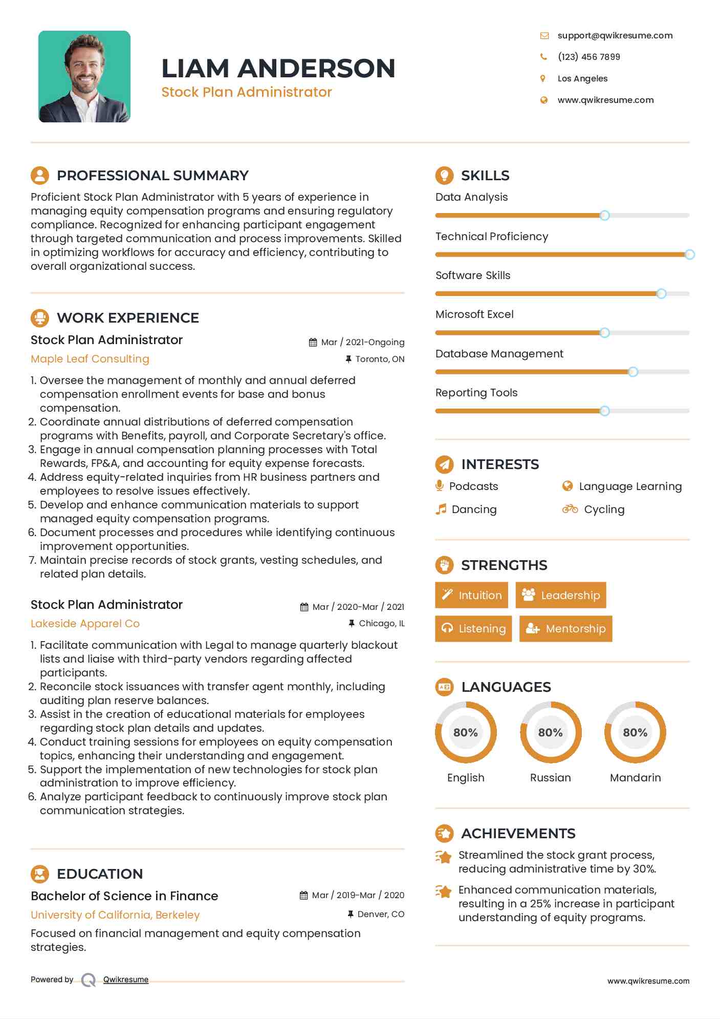 Stock Plan Administrator Resume Format