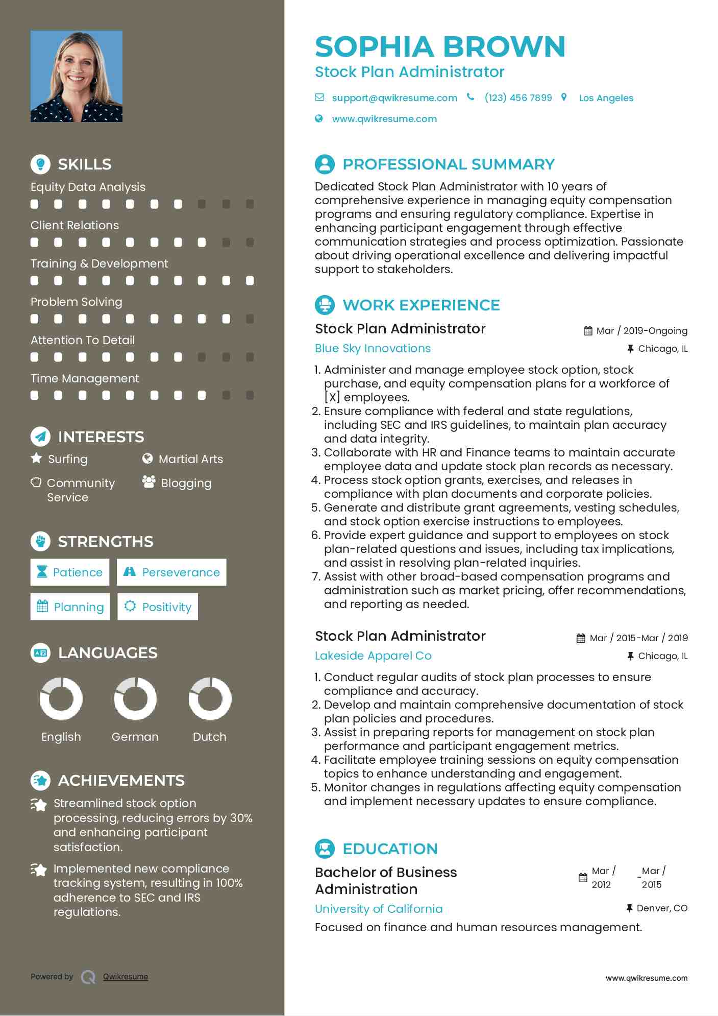 Stock Plan Administrator Resume Sample