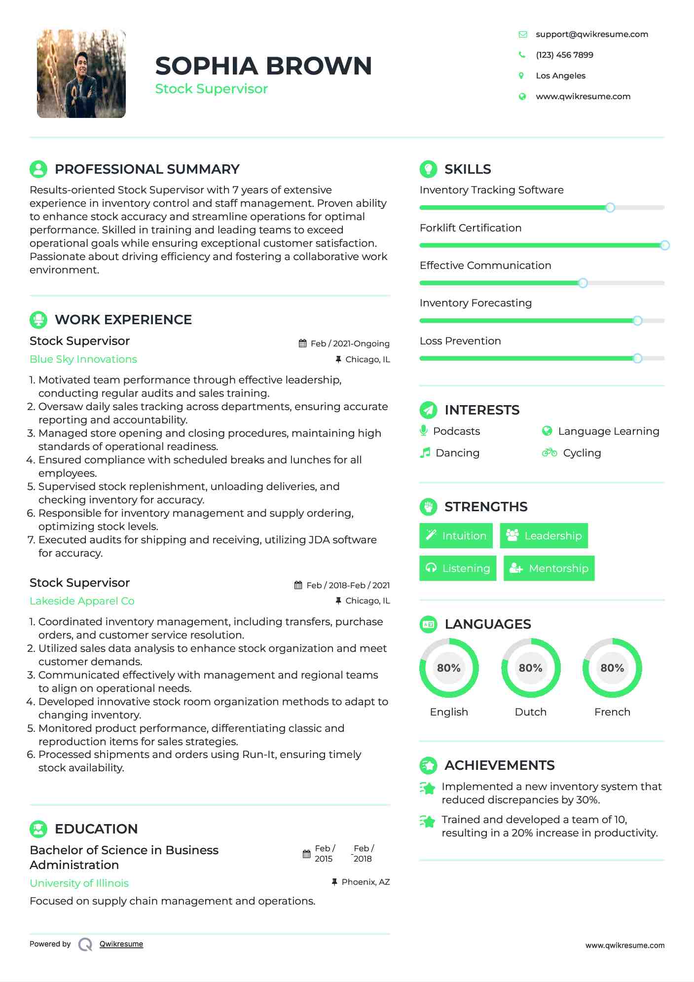 Stock Supervisor Resume Samples | QwikResume