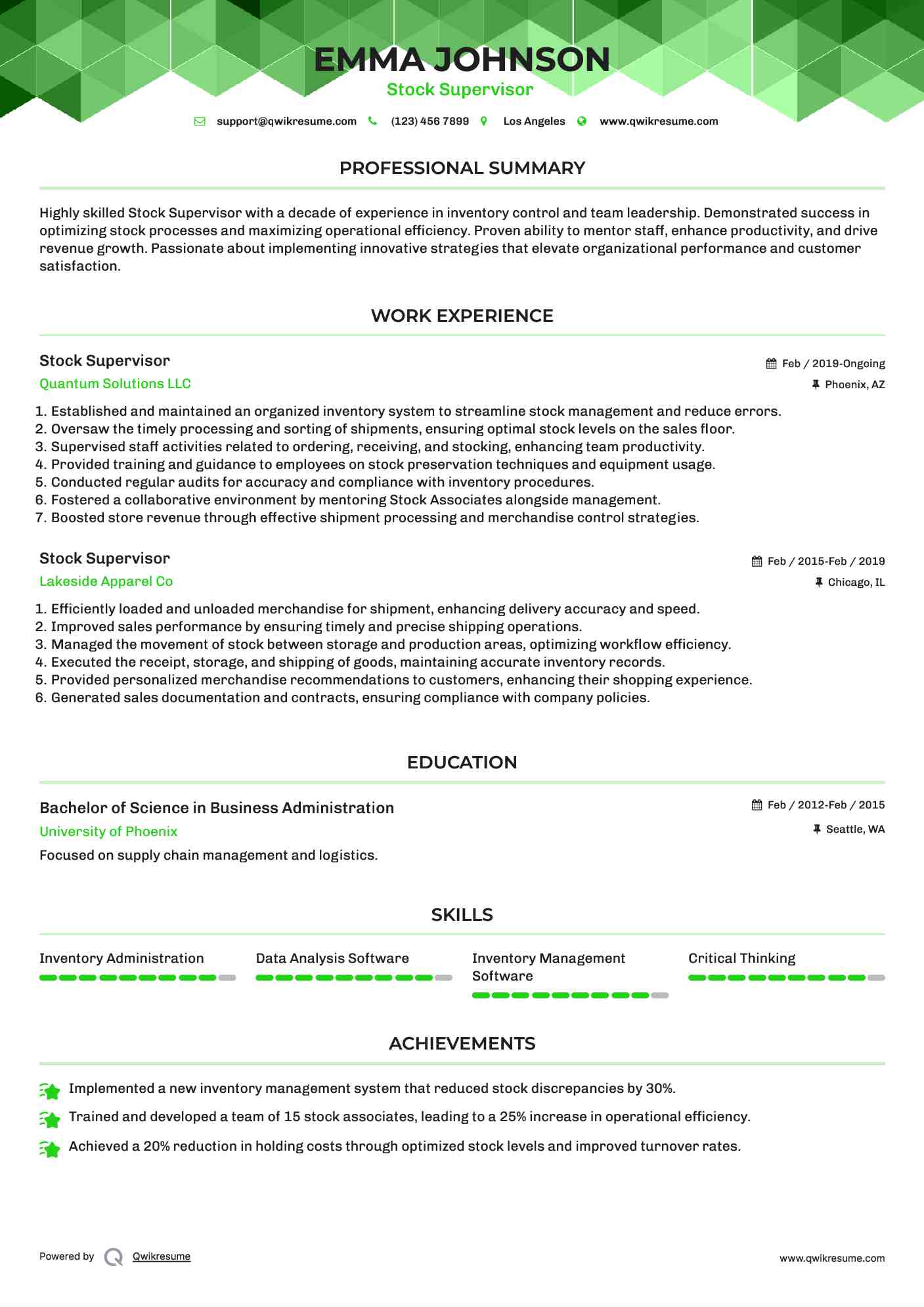 Stock Supervisor  Resume Sample