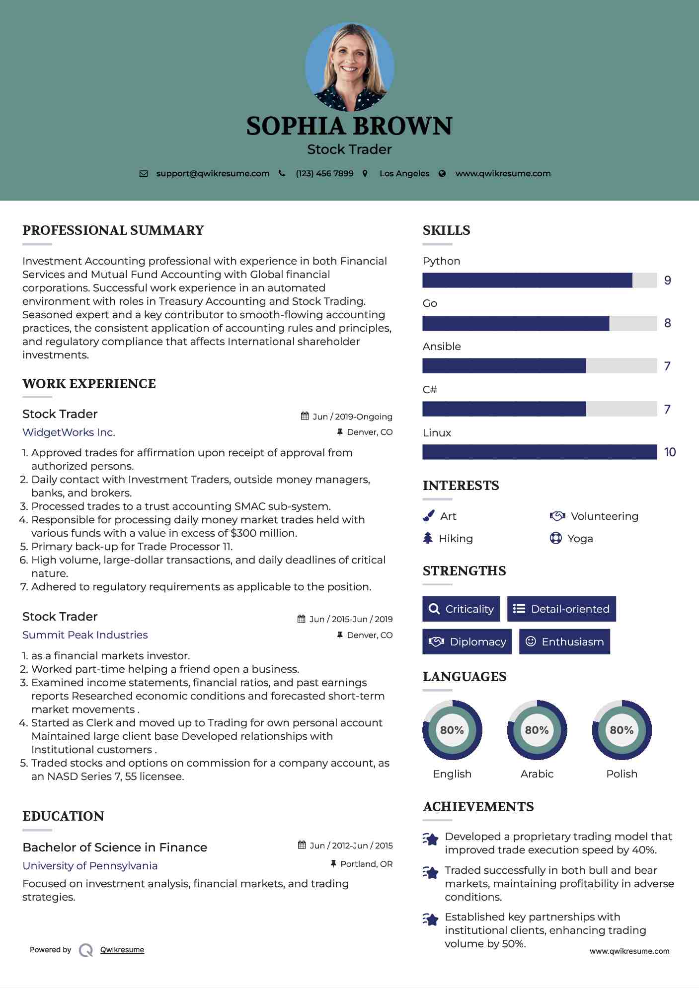 Stock Trader Resume Sample