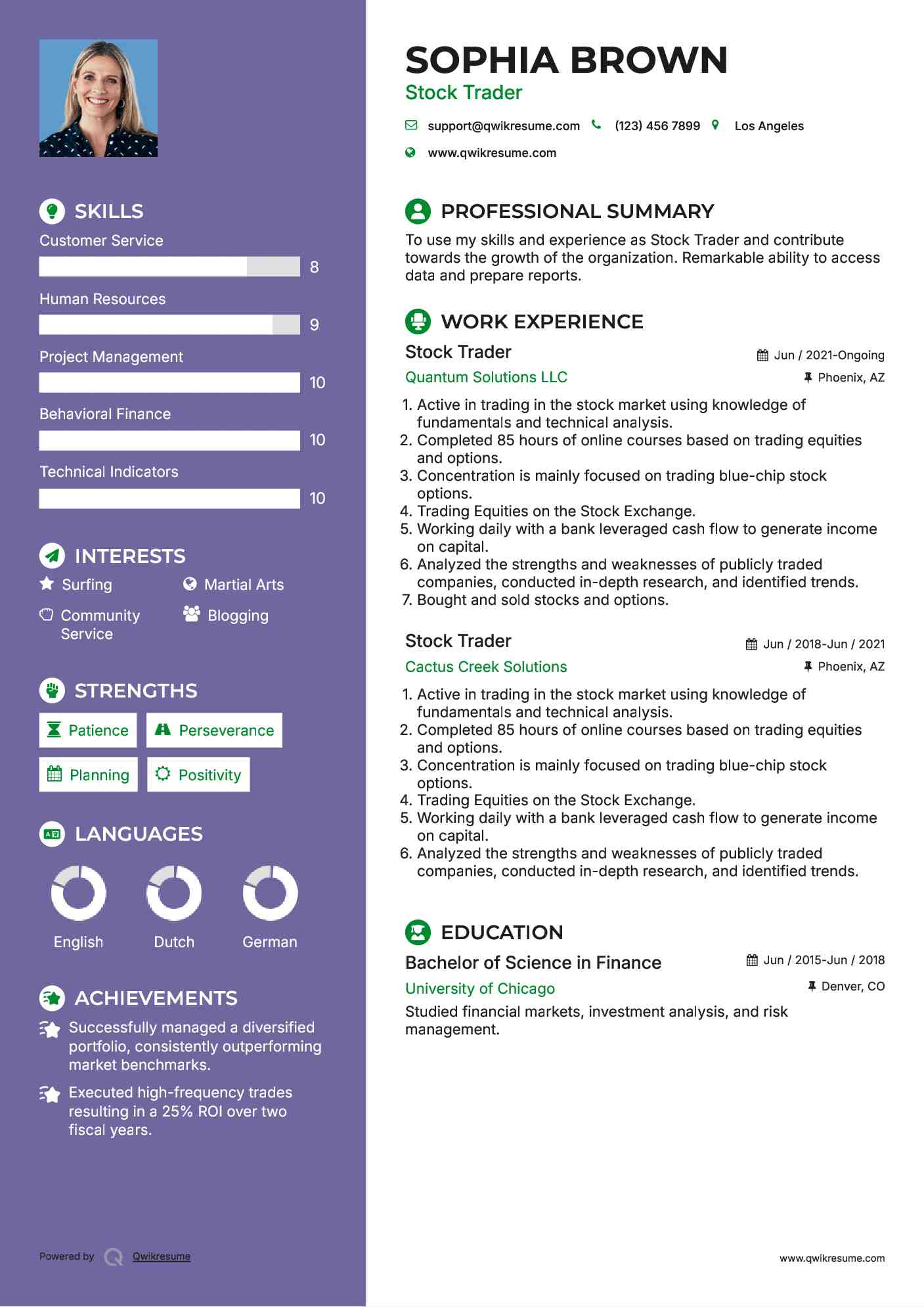 Stock Trader Resume Model