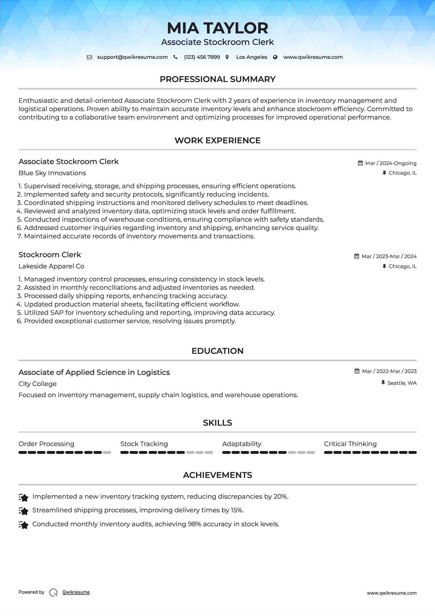 Associate Stockroom Clerk  Resume Format