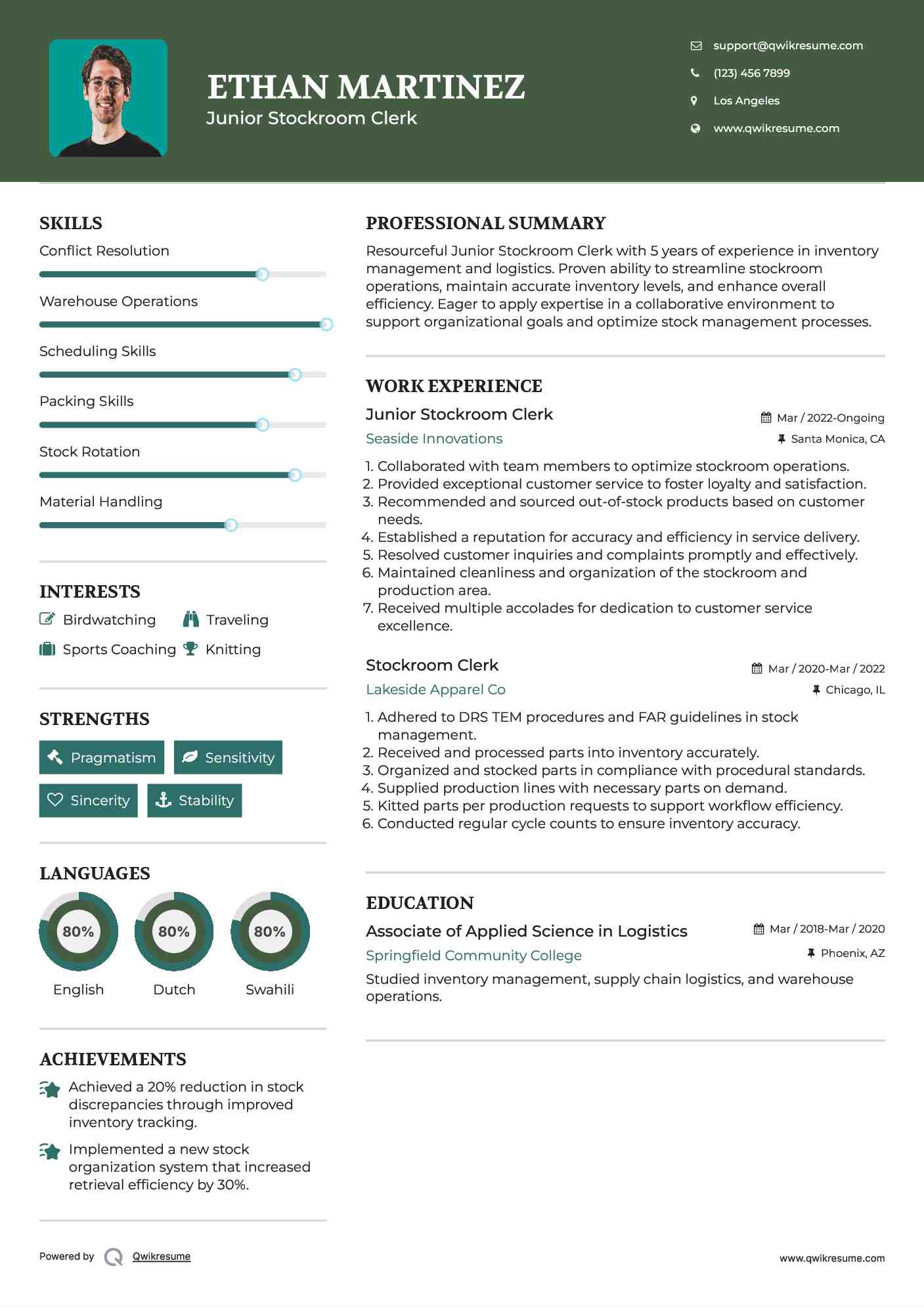 Junior Stockroom Clerk Resume Template