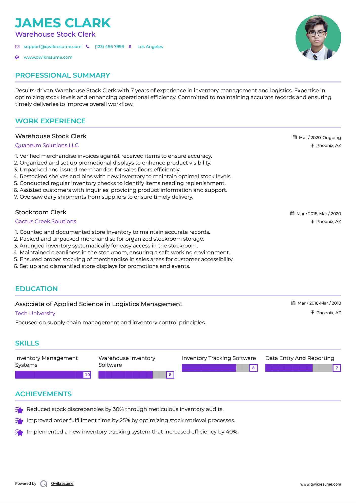 Warehouse Stock Clerk
 Resume Template