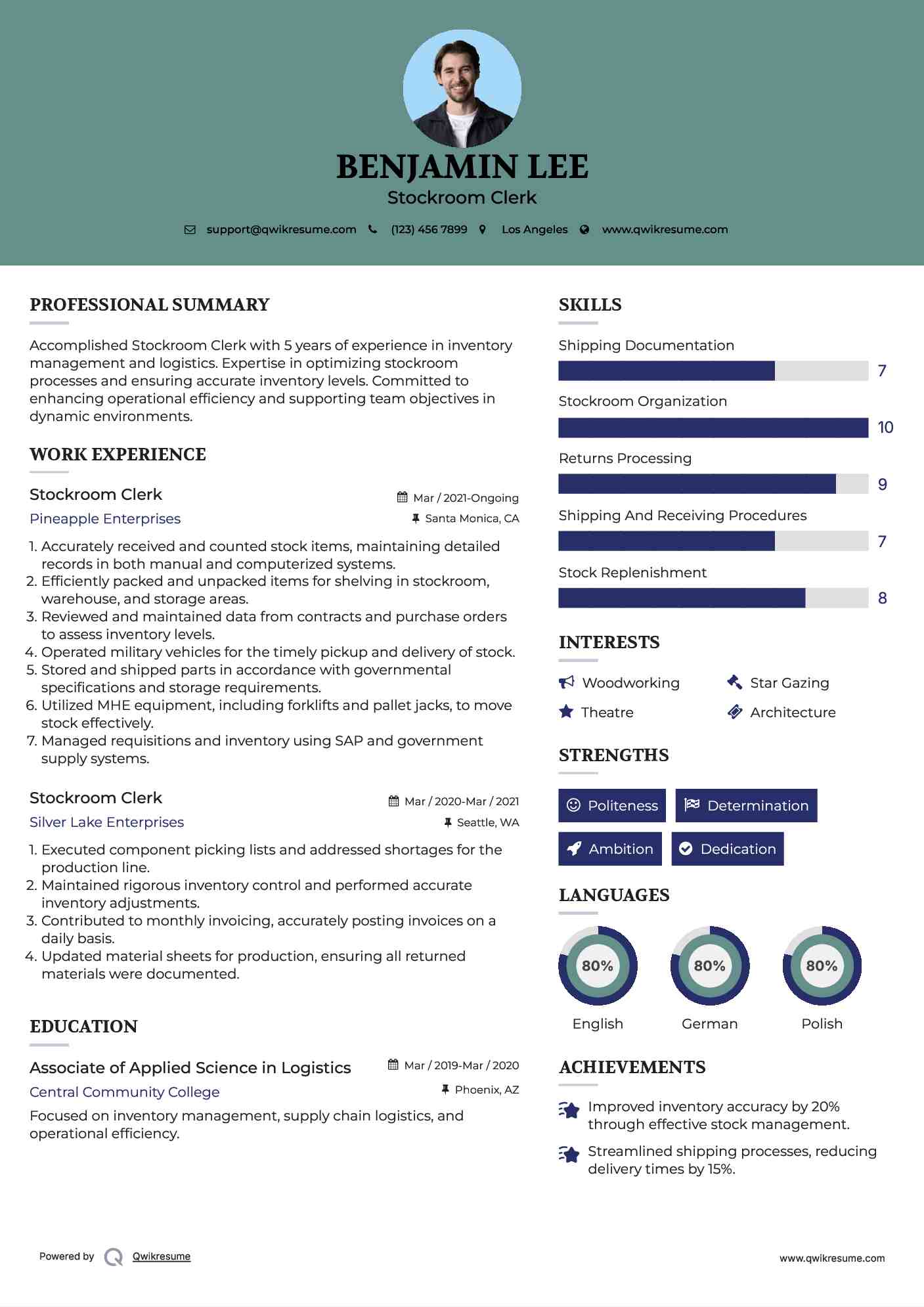 Stockroom Clerk Resume Example