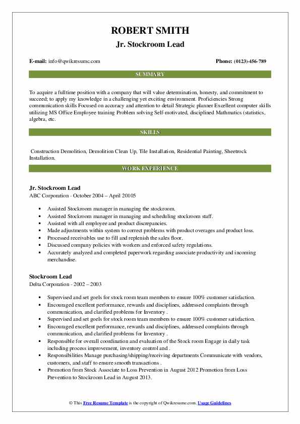 Stockroom Lead Resume Samples QwikResume