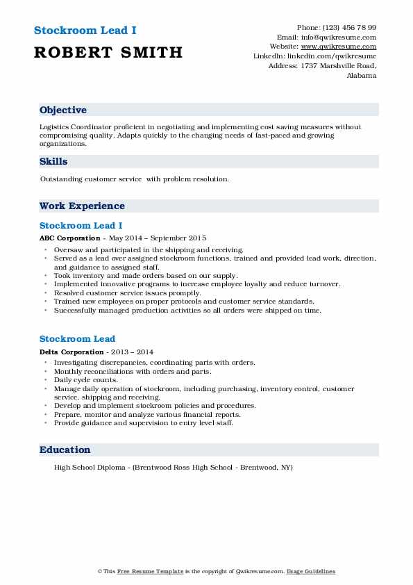 Stockroom Lead Resume Samples QwikResume