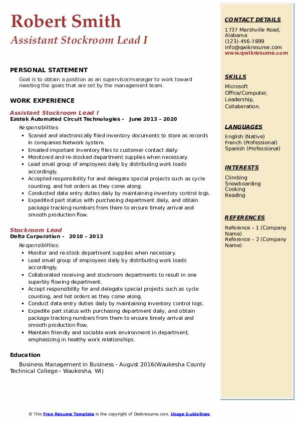 Stockroom Lead Resume Samples QwikResume