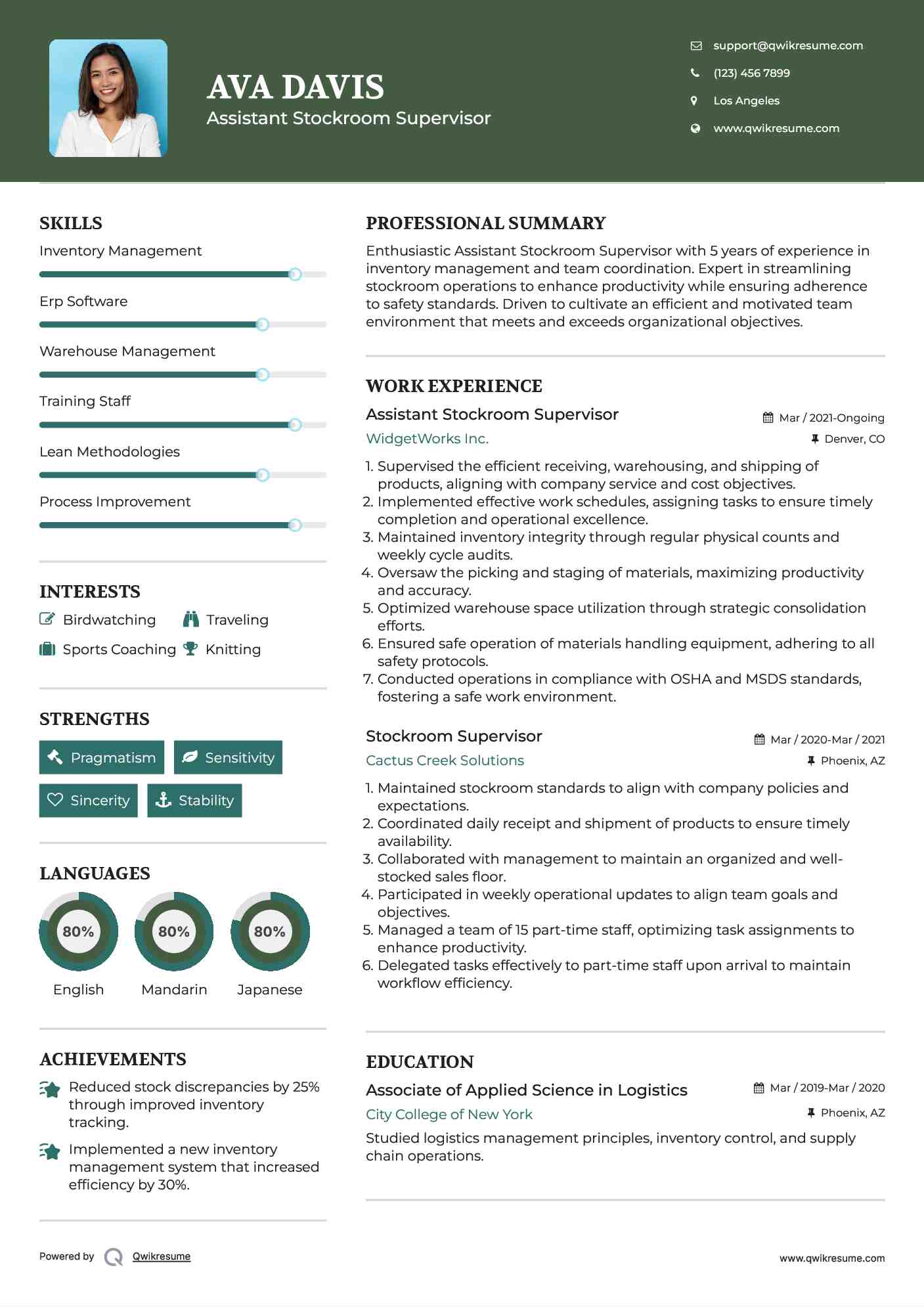 Assistant Stockroom Supervisor Resume Example