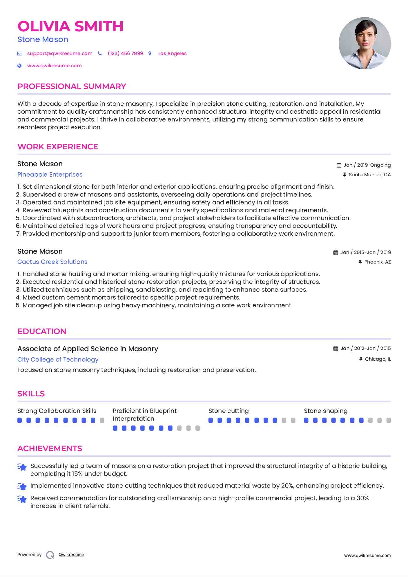 Stone Mason Resume Sample