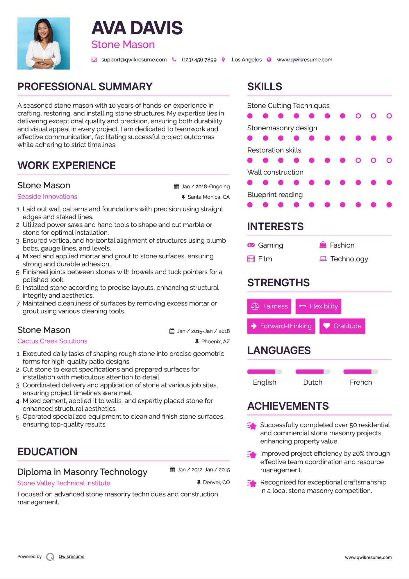 Stone Mason Resume Model